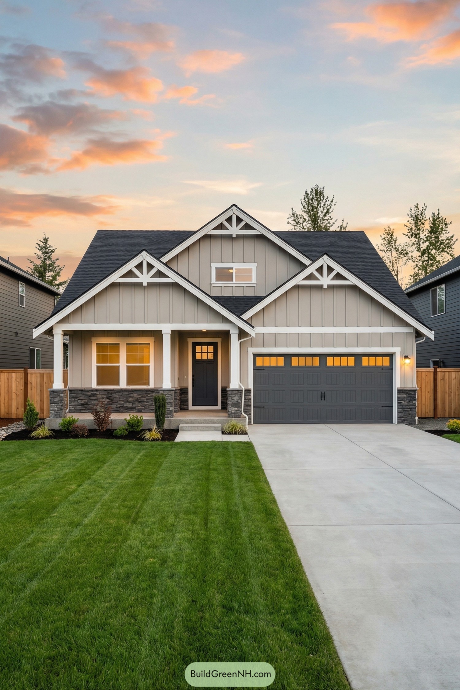 Modern craftsman house with vertical siding and double gables