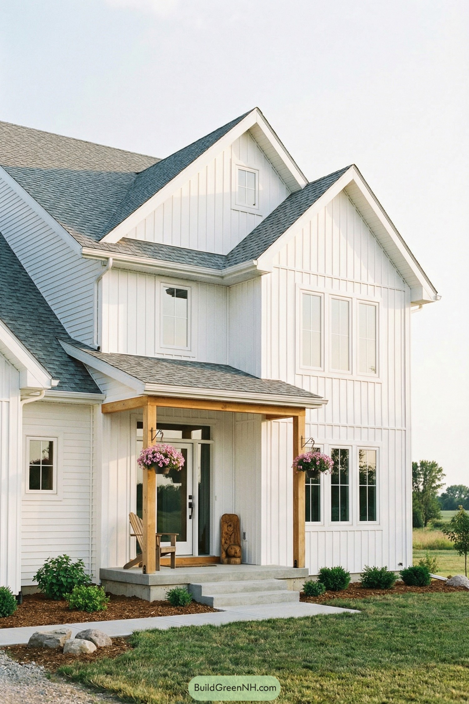 high-res photo of house with Vertical Siding, modern farmhouse facade with crisp white vertical board-and-batten siding and a few sections of matching horizontal siding, light warm wood accents at the entry porch, medium-gray asphalt shingle roof with multiple intersecting gables and a small front-facing gable above the main volume, tall narrow rectangular windows in white frames grouped in pairs and triples along the front wall, a full-height glazed entry door with sidelight set back under a small porch roof, front porch defined by two square timber posts on simple gray concrete steps and slab, hanging baskets of bright pink flowers on each post and a small wooden chair and carved wooden decor beside the door, minimal foundation planting with low green shrubs and fresh brown mulch bordering the base of the facade, neatly edged grass lawn in the foreground with a few rocks near the steps, background with open sky, soft sunlight, and distant greenery suggesting a quiet rural or suburban setting, real-life photo, high-resolution, architectural photography, soft lighting, cinematic composition.