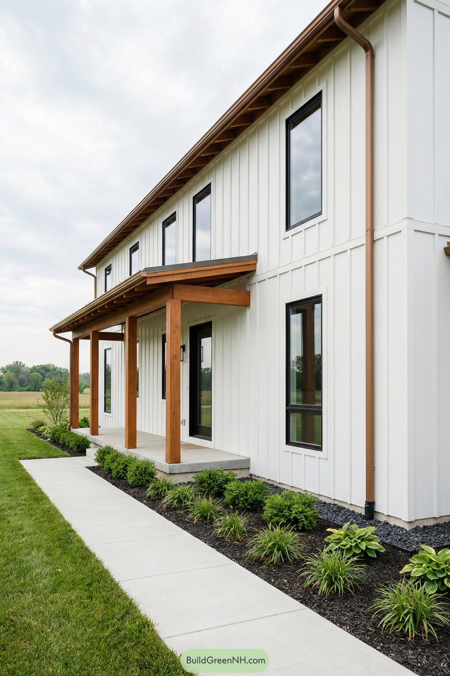 White farmhouse with vertical siding and wood porch posts along a landscaped concrete walkway