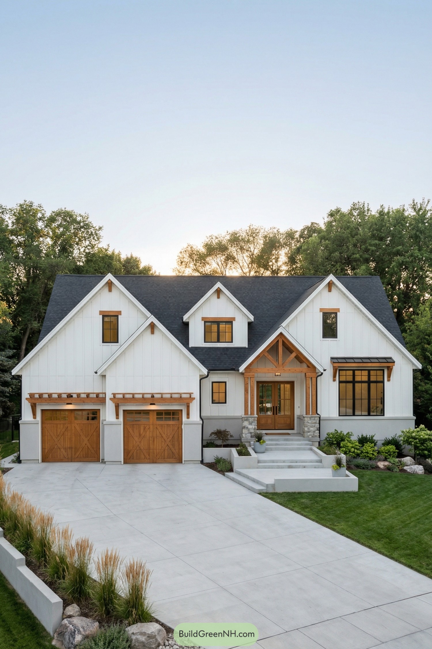 White modern farmhouse with vertical siding and wood trim