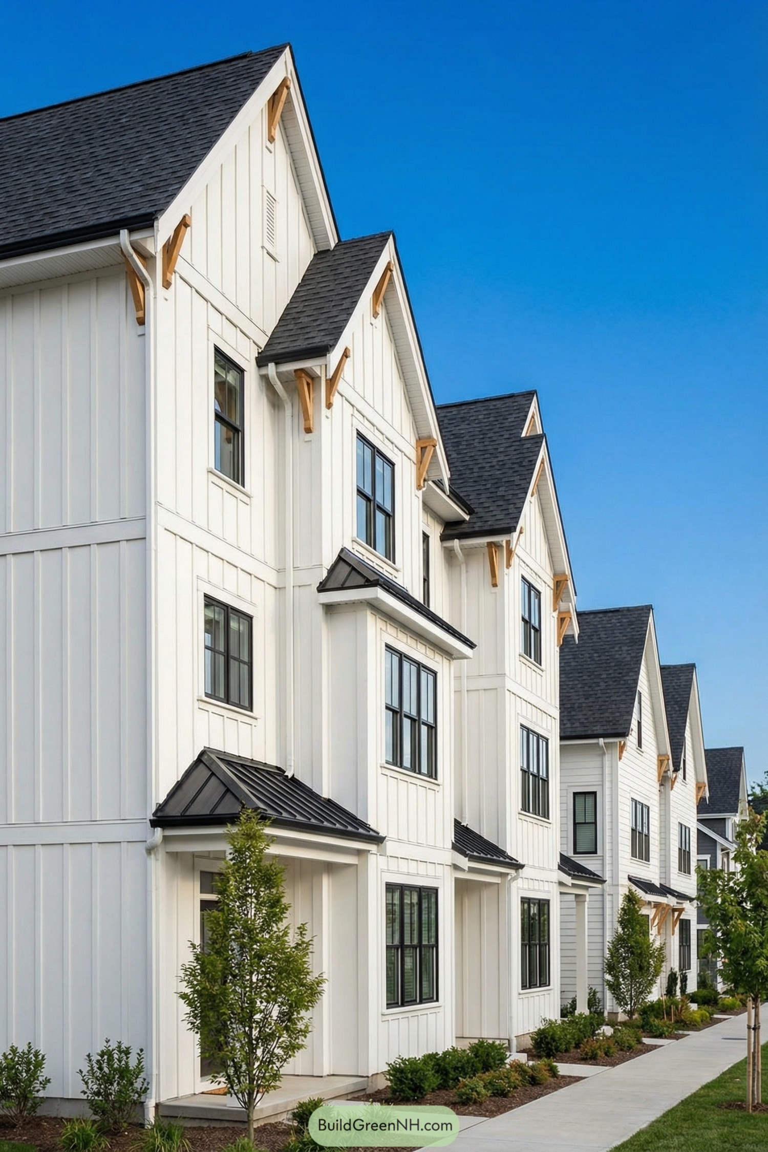 Row of white gabled townhomes with vertical siding