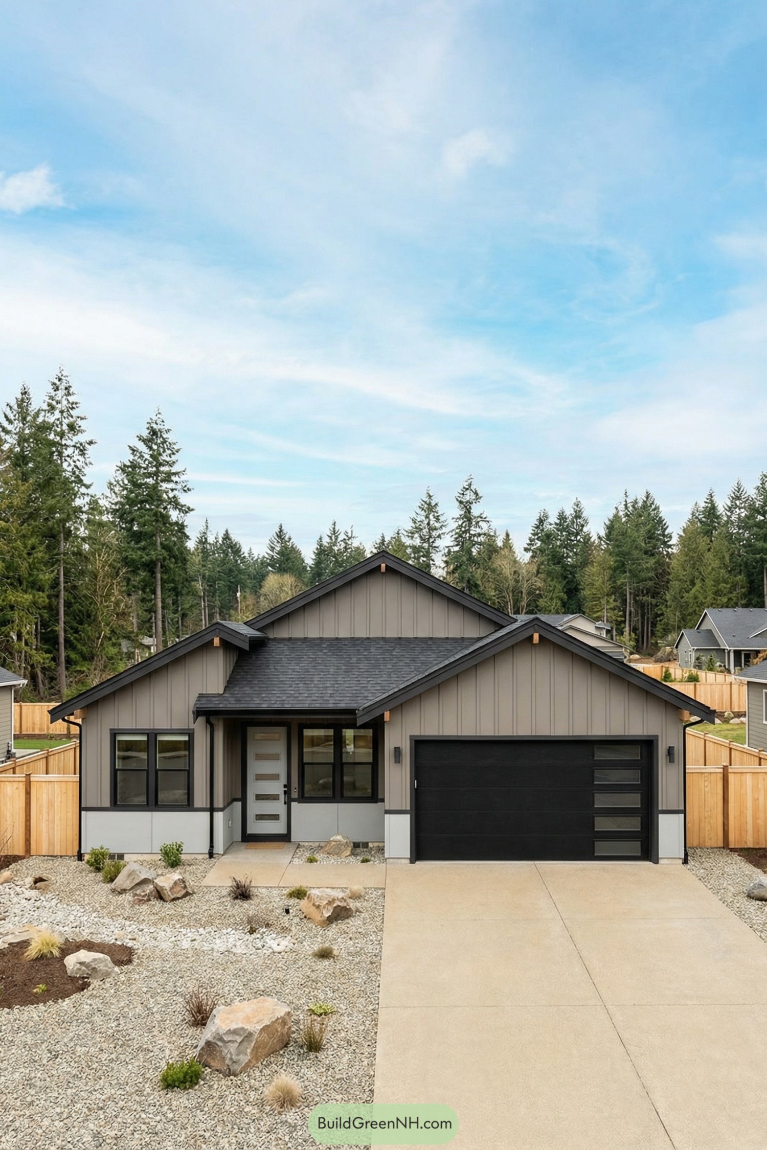 Modern gray ranch house with vertical siding