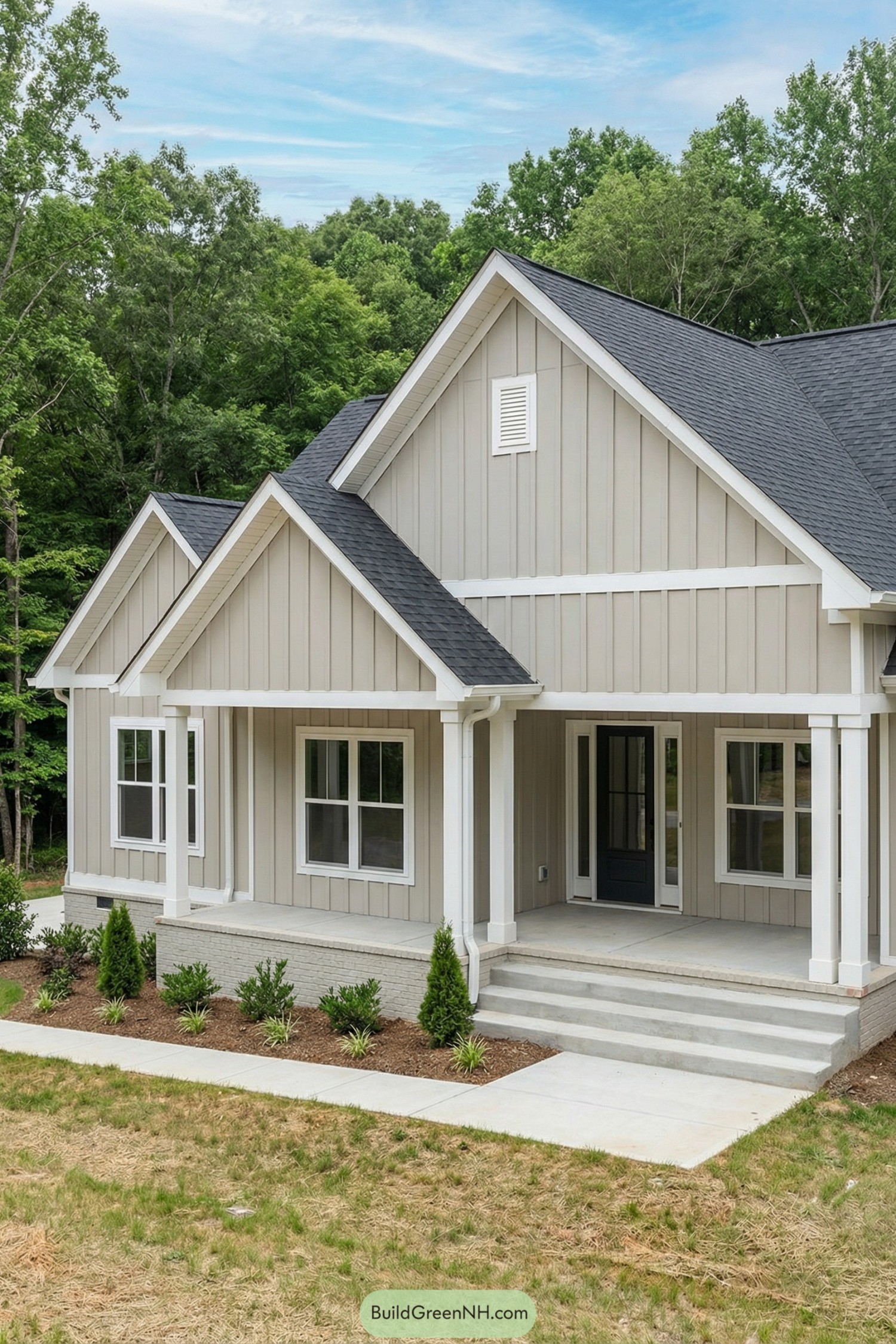 Taupe vertical-siding home with triple gables, white trim, and a front porch facing a simple landscaped yard and surrounding woods