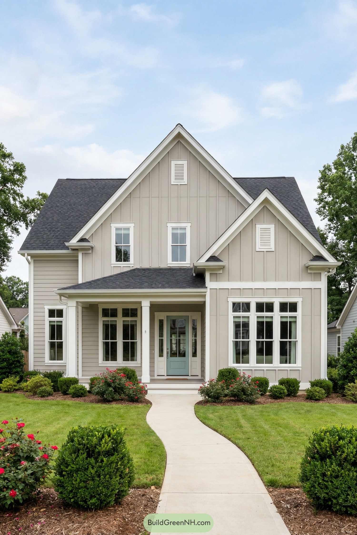 Creamy board and batten farmhouse with front porch, tall windows, and soft blue entry door