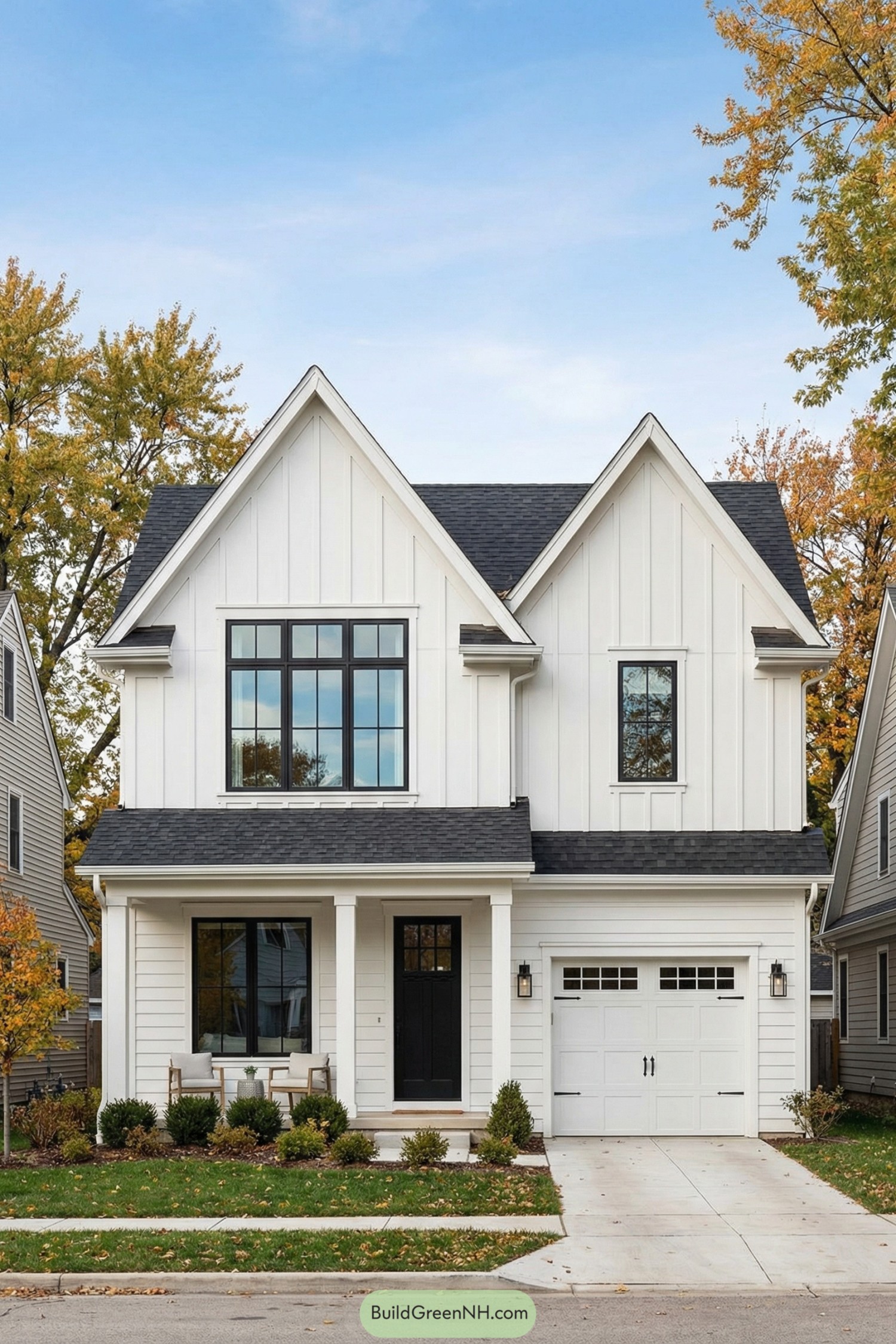 White modern farmhouse with vertical siding and black windows