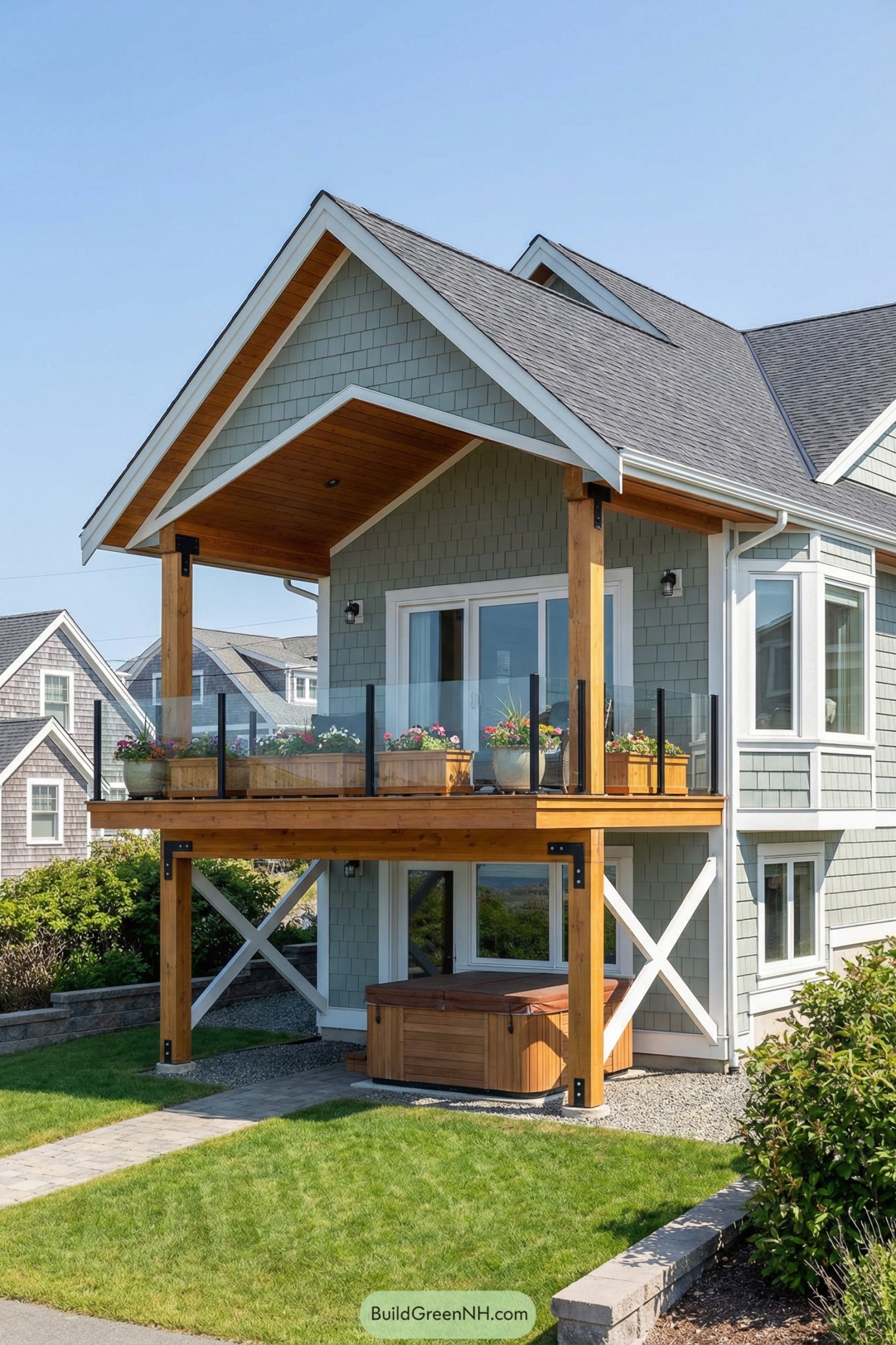 Elevated covered wood deck with glass railing and hot tub tucked beneath
