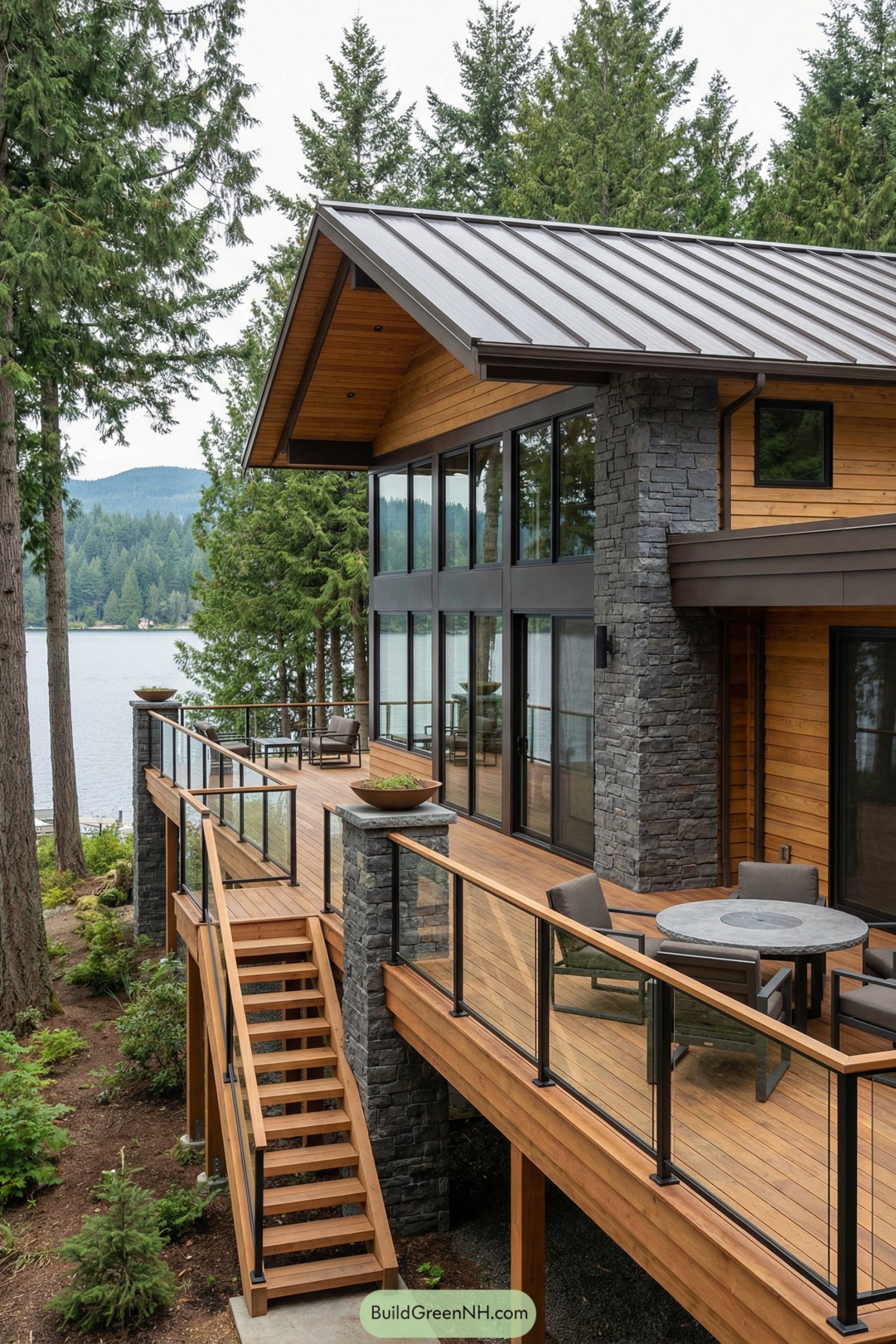 Expansive wood deck with glass railing overlooking a forested lake, attached to a modern house with stone and cedar siding