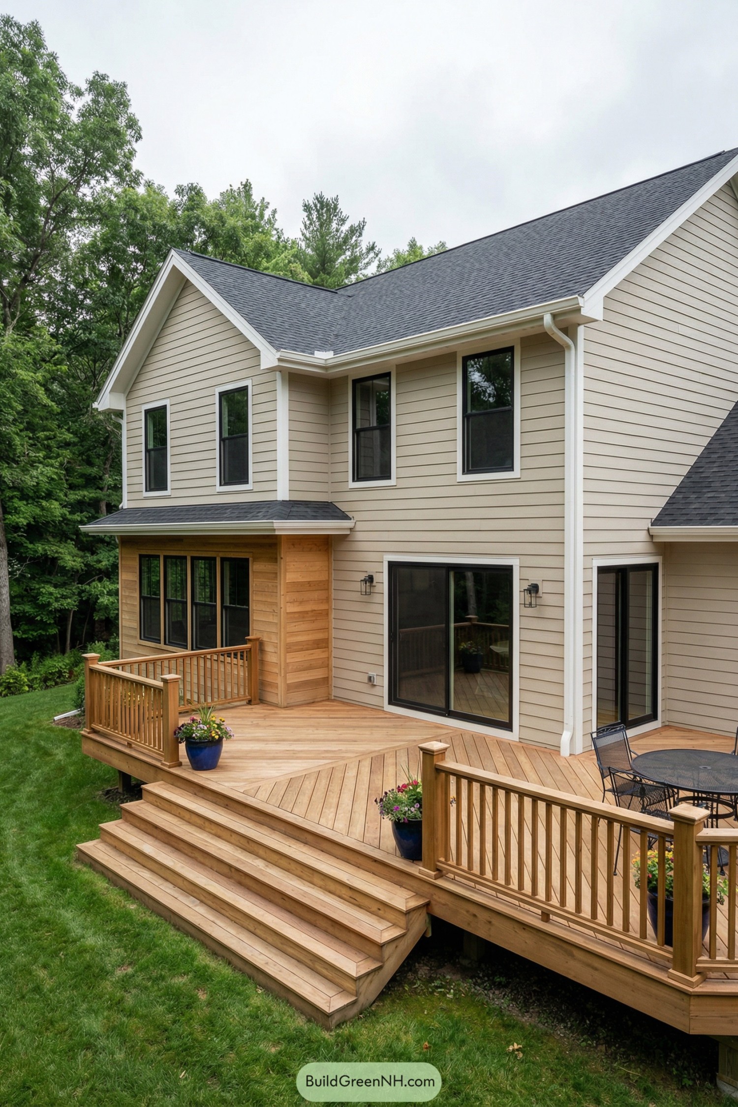 Spacious wood deck wraps a beige two-story house with wide steps and railings leading to the lawn