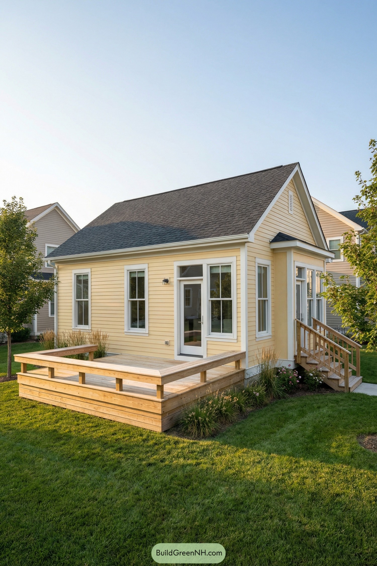 Small yellow cottage with low wood deck and built-in bench