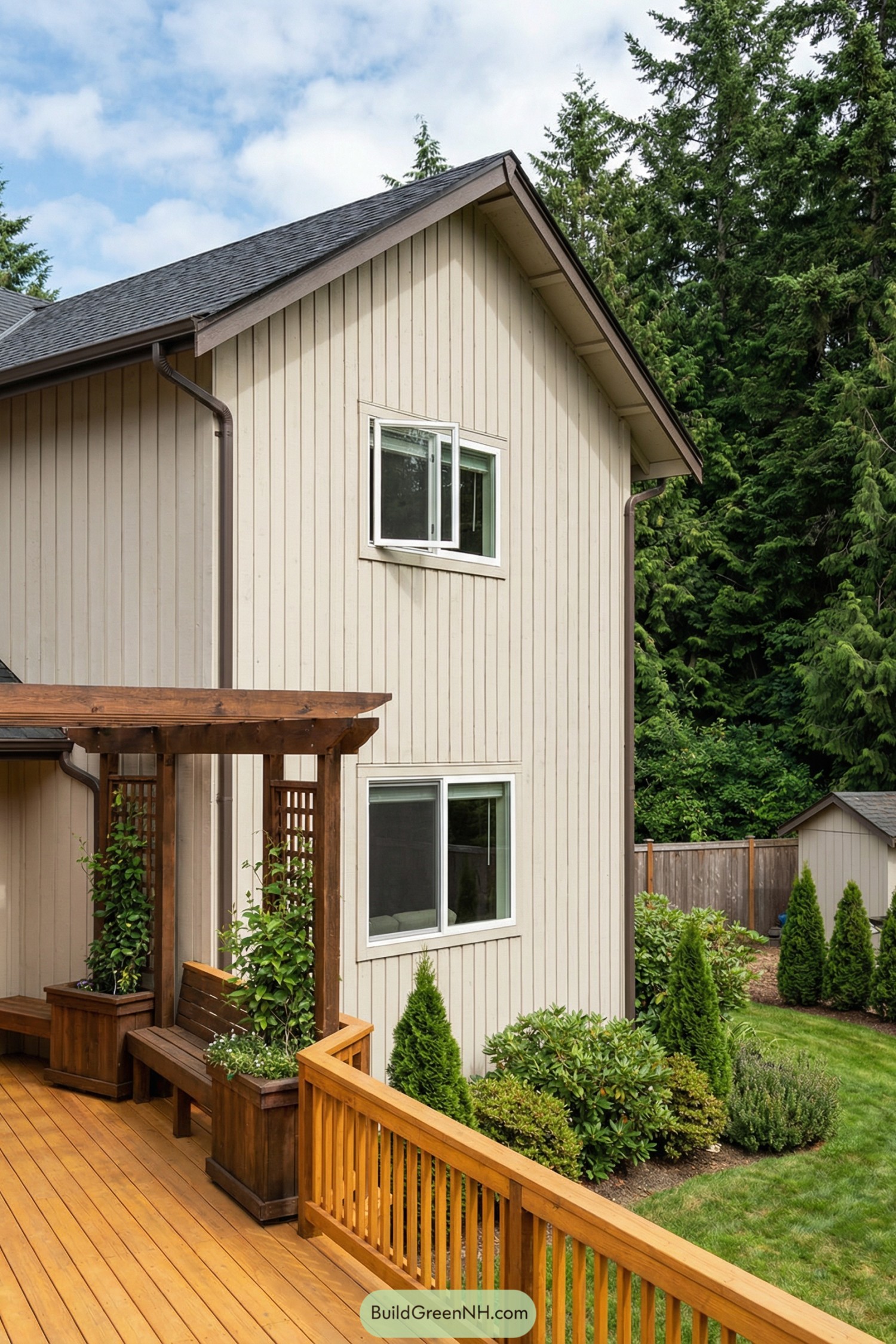 Wood deck with built-in bench and pergola