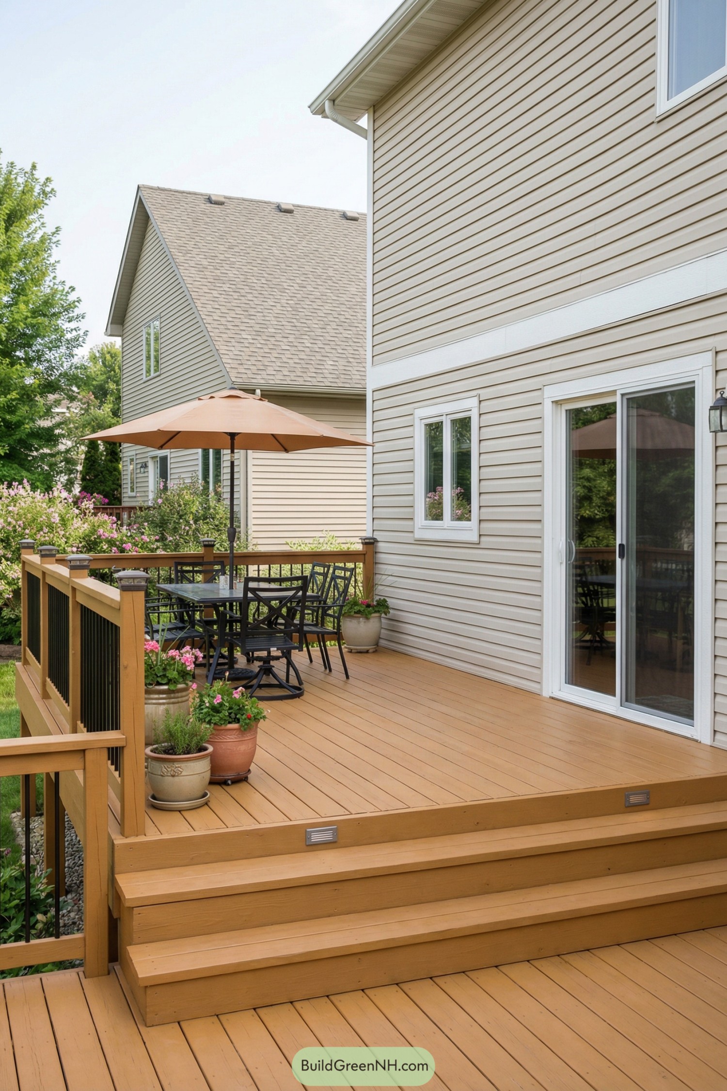 Wood backyard deck with railing, table, and umbrella