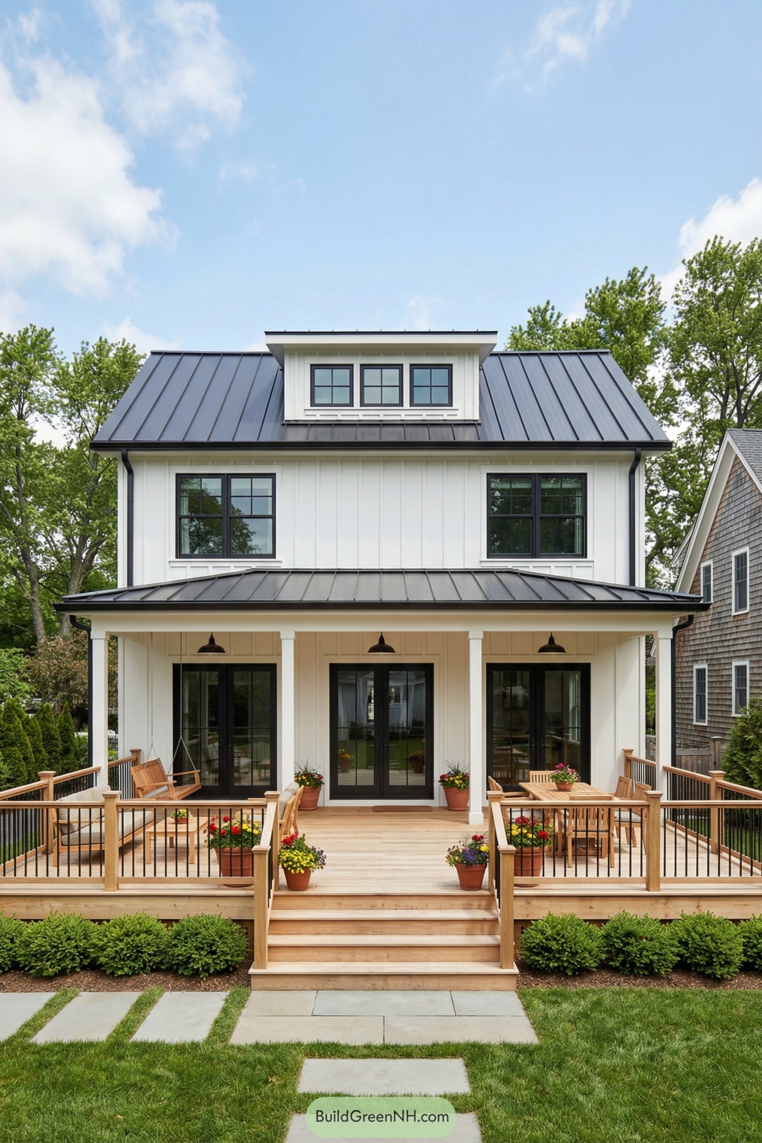 White farmhouse with wide wood deck and railings