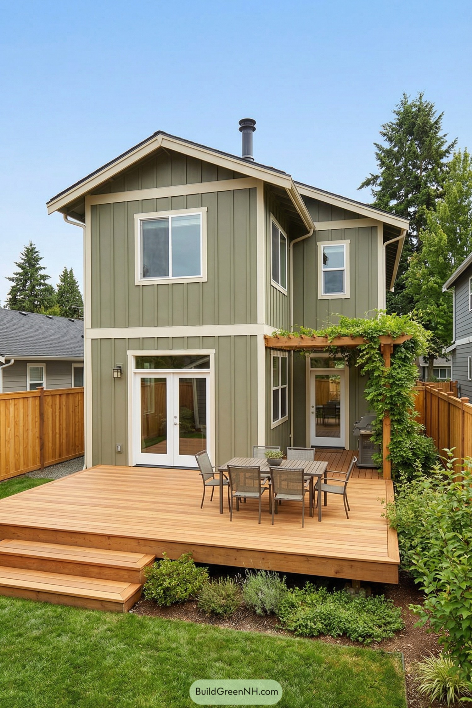 Two-story green house with large wooden deck, dining set, and vine-covered pergola in a fenced backyard