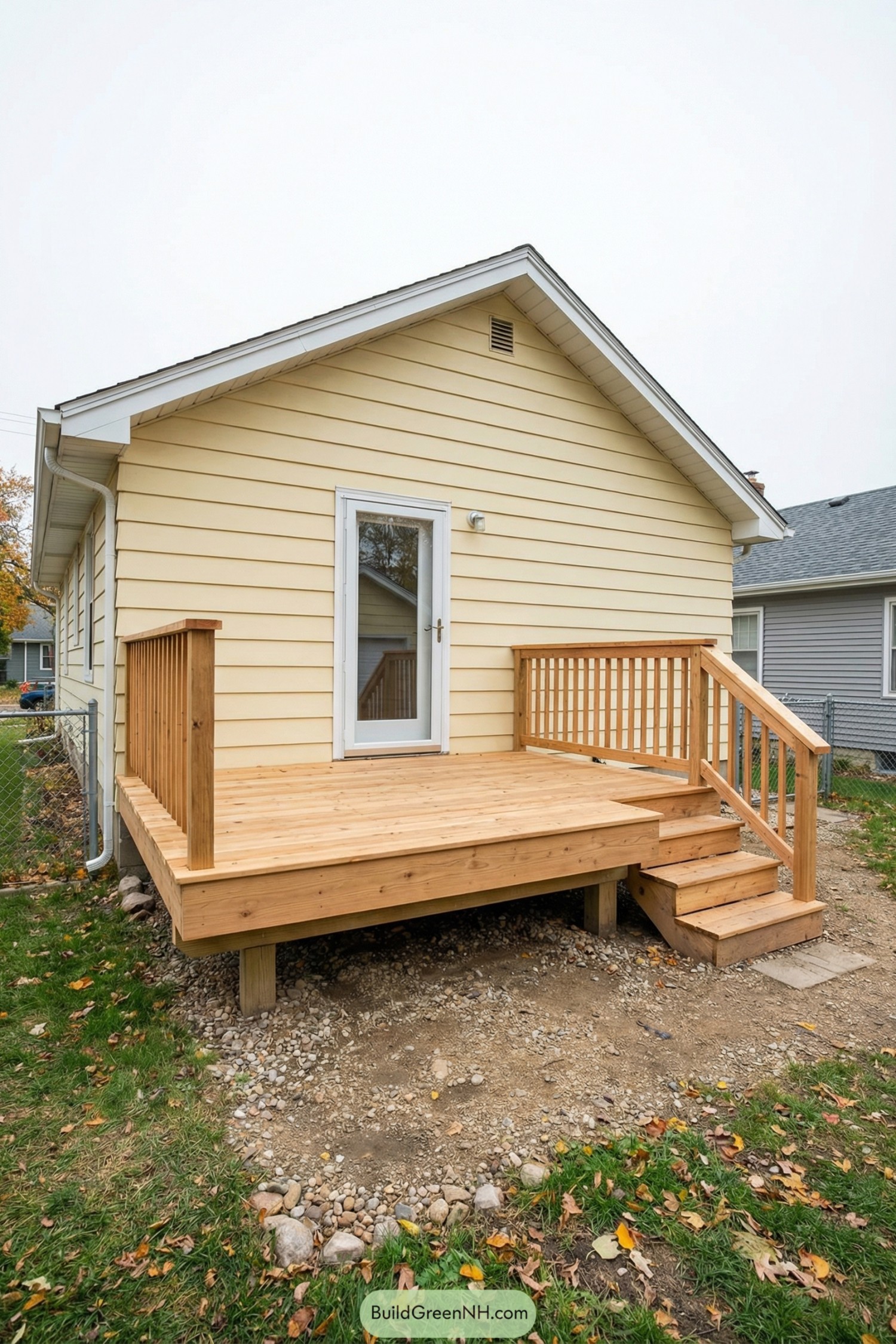 Small wooden back deck with stairs and railing