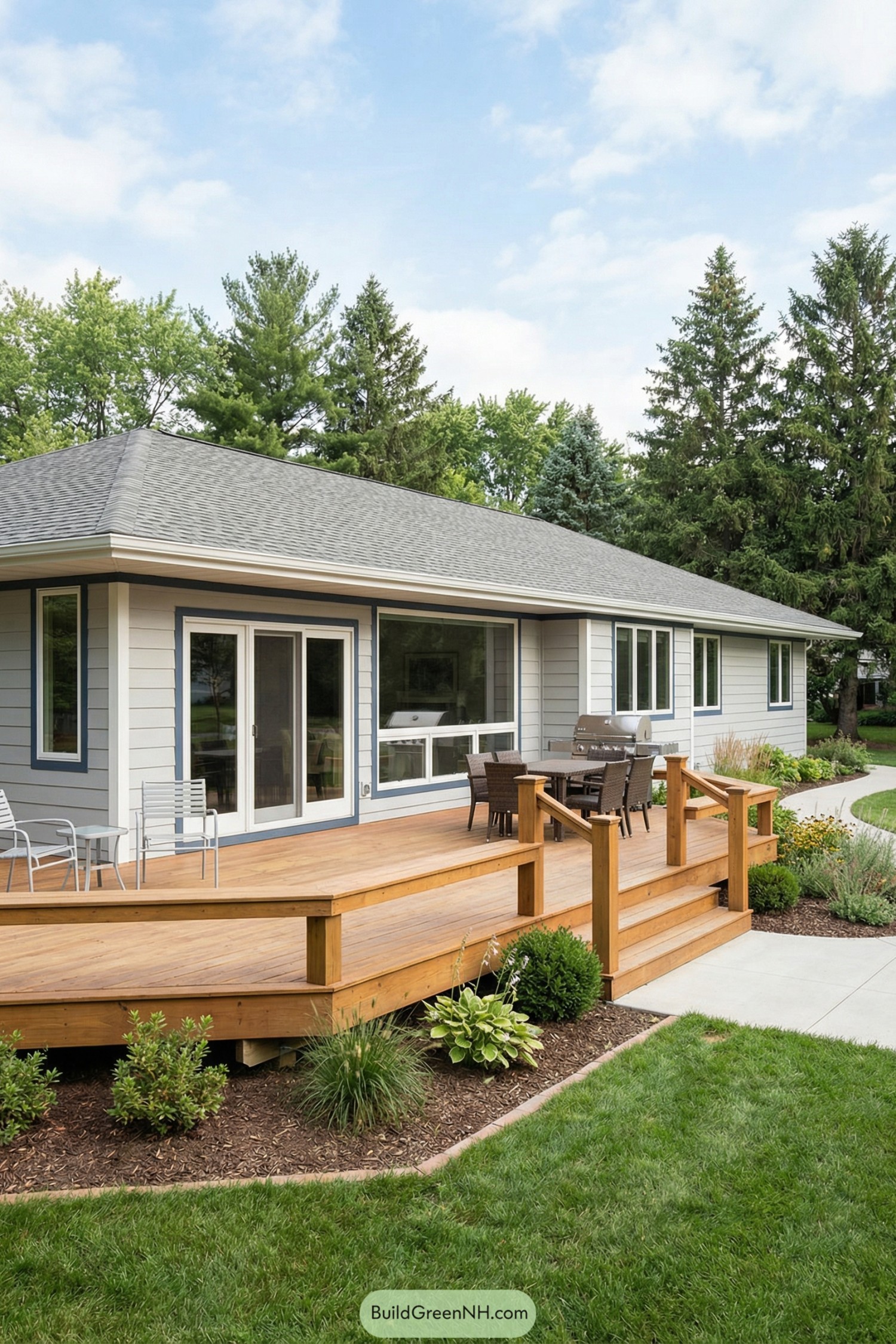 high-res photo of house with Wood Deck, single-story contemporary ranch facade, long low profile, light gray horizontal siding with white trim and dark blue accent lines, simple gable roof with medium-gray asphalt shingles, wide overhangs. Large glass sliding doors and wide picture windows with white frames along the deck side, minimal exterior ornamentation, clean linear geometry. Warm natural-stained wood deck in the foreground, broad rectangular platform with slightly angled front edge and wide steps, simple square posts and low railing, smooth plank surface running lengthwise. Outdoor area furnished with light metal patio table and chairs, darker dining set, and a grill, all arranged along the house wall. Deck transitions to neatly edged lawn and mulched planting beds with low shrubs and small bushes, curved borders against the deck and concrete path. Background with tall evergreen and deciduous trees under a bright blue sky with scattered white clouds, quiet suburban garden setting, open and airy composition. real-life photo, high-resolution, architectural photography, soft lighting, cinematic composition