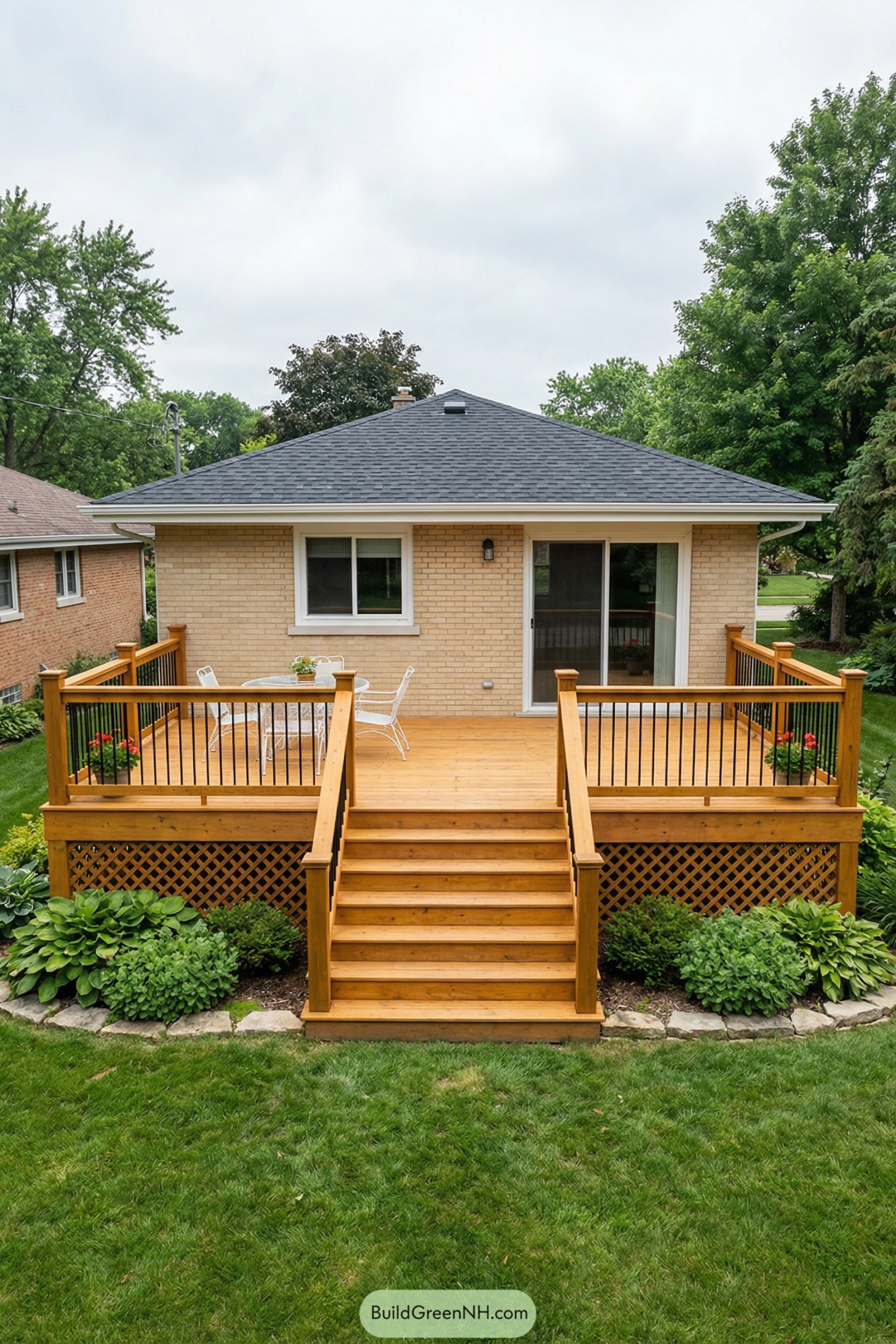 Wood deck with central stairs and railings