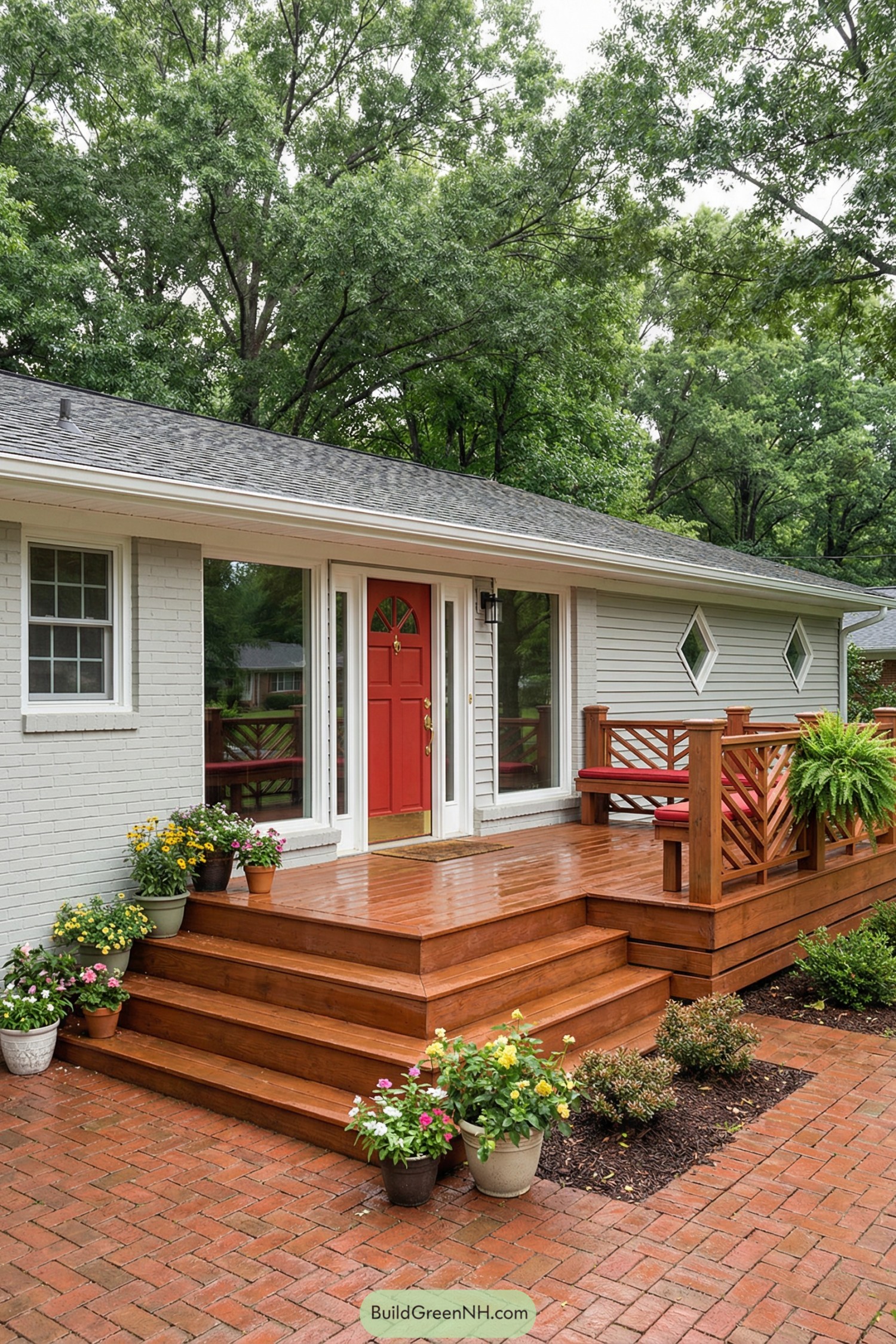 Small front wood deck with built-in bench and potted plants
