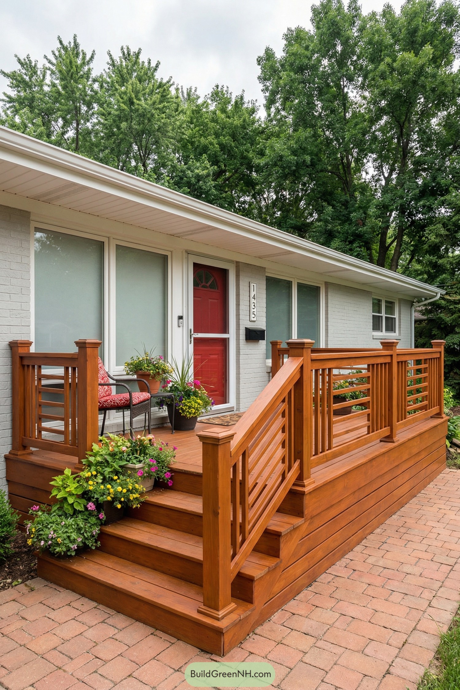 Wood front entry deck with warm-toned railings, brick walkway, red door, bench seating, and potted flowers