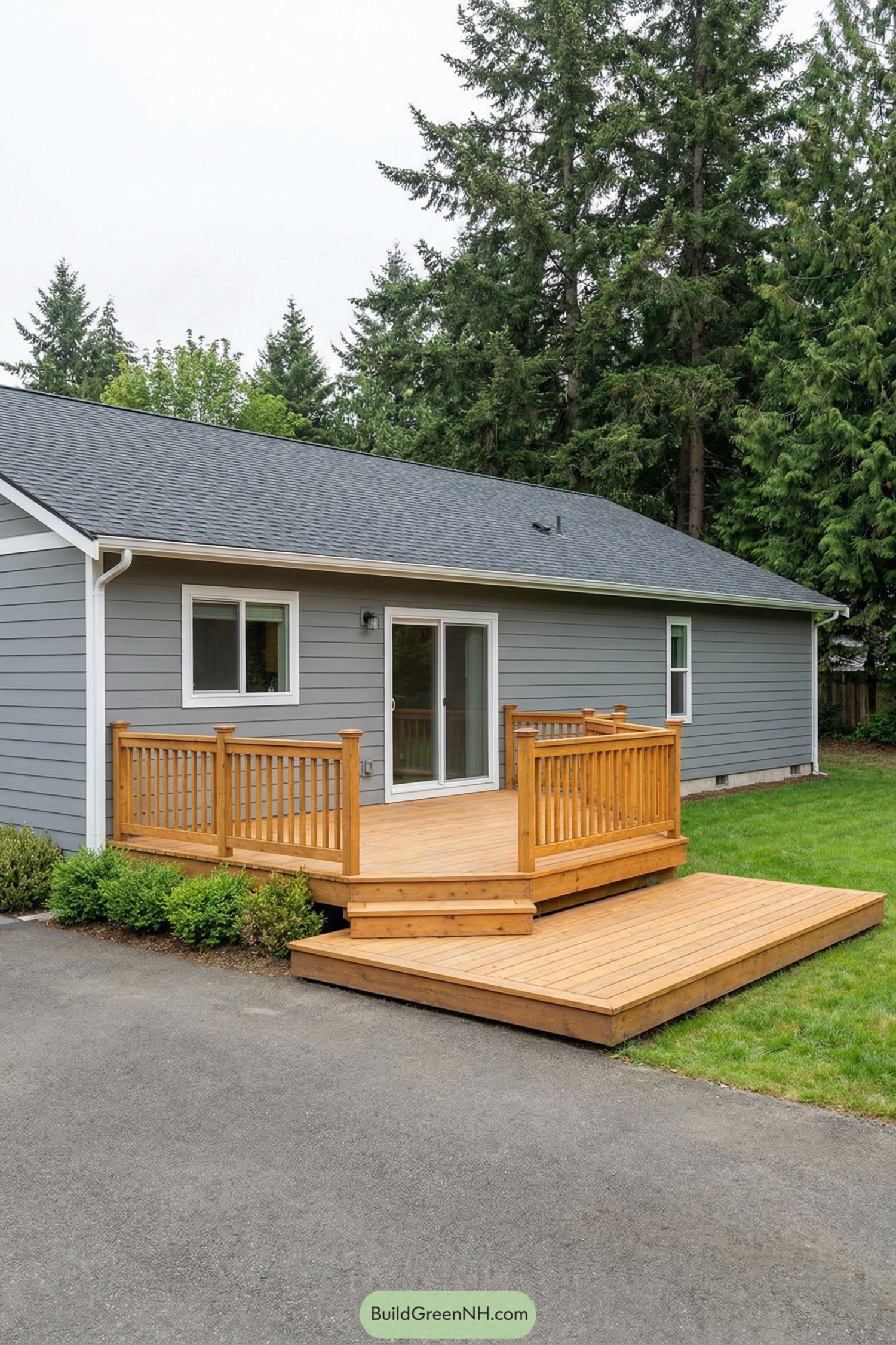 Two-level wood deck attached to a gray single-story house with sliding glass door and surrounding lawn
