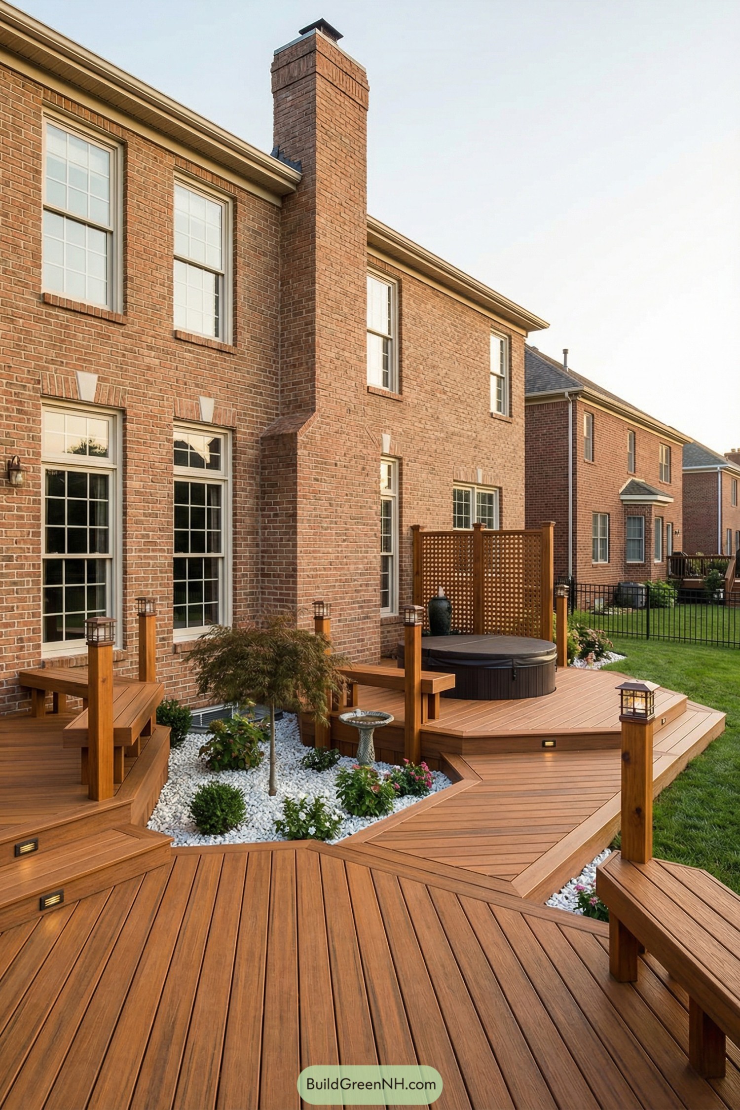 Wood deck with levels hot tub and landscaping