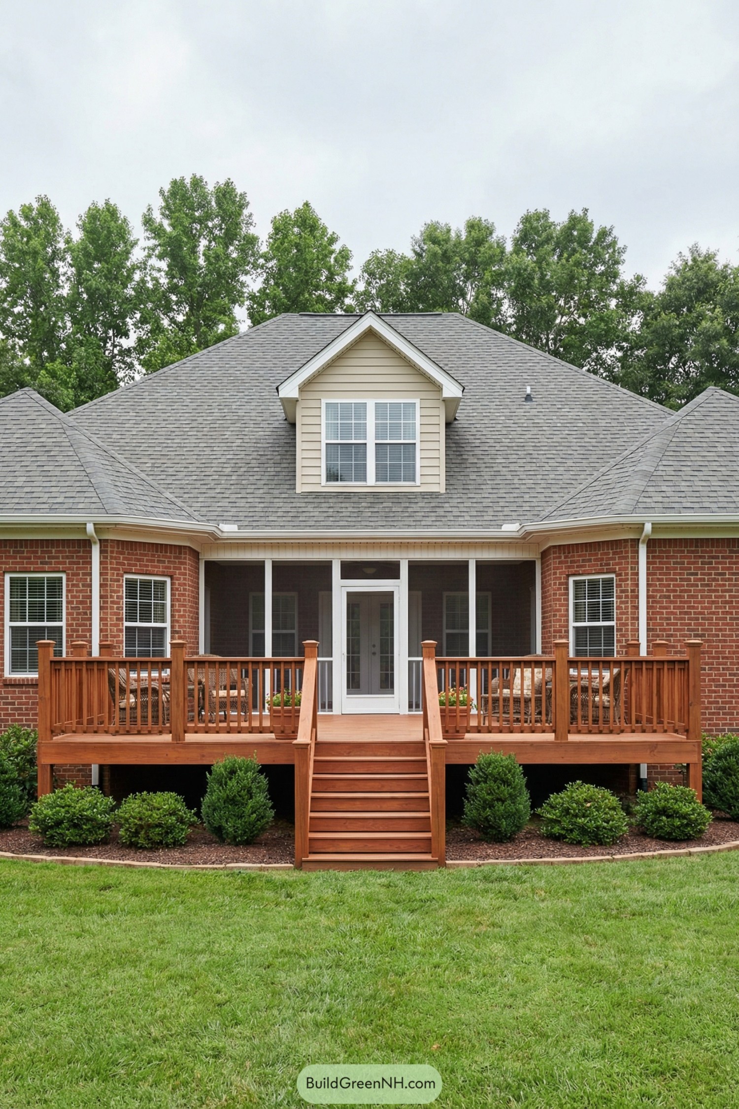 Wood deck with central stairs leading to a screened porch on a brick house