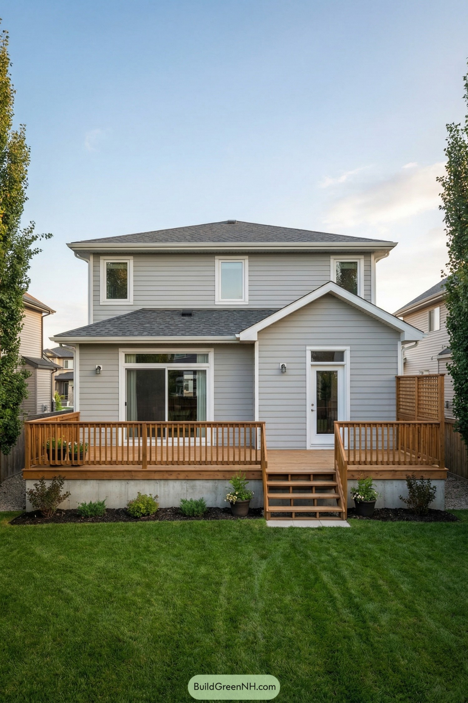 Simple backyard wood deck behind gray house
