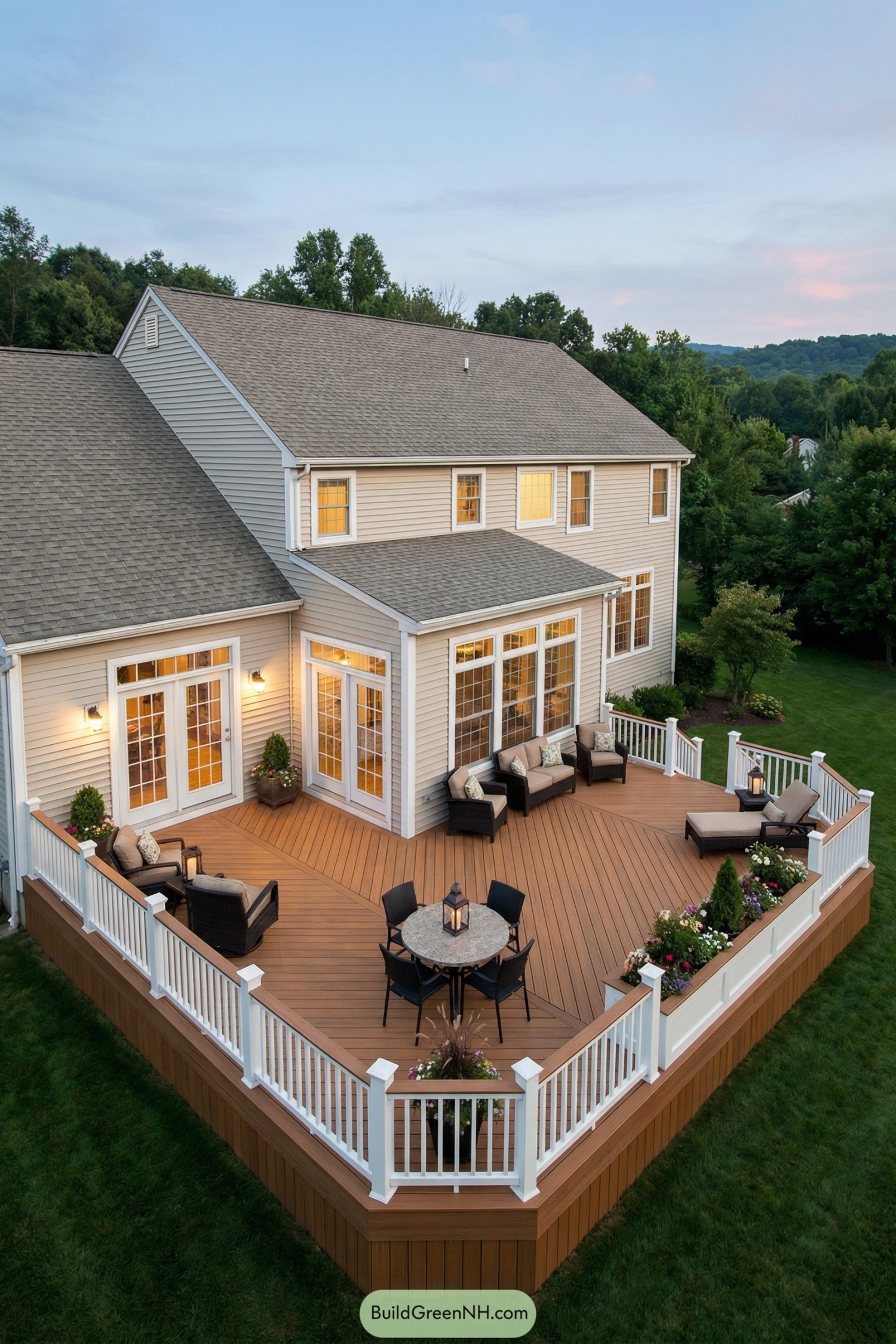 Spacious multi-level backyard deck with seating zones and white railings attached to a two-story house