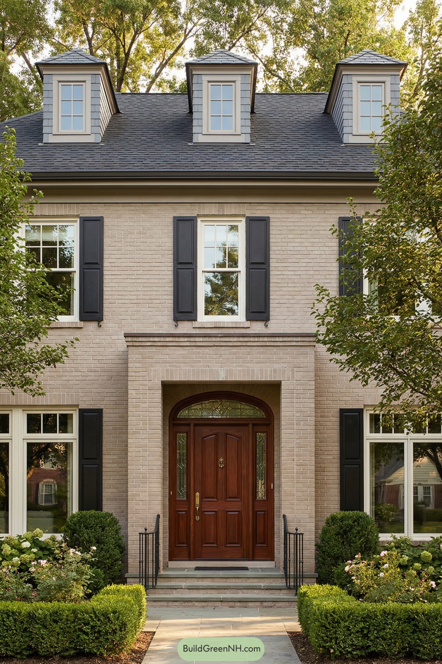 Traditional brick façade with arched wood front door, black shutters, and manicured landscaping