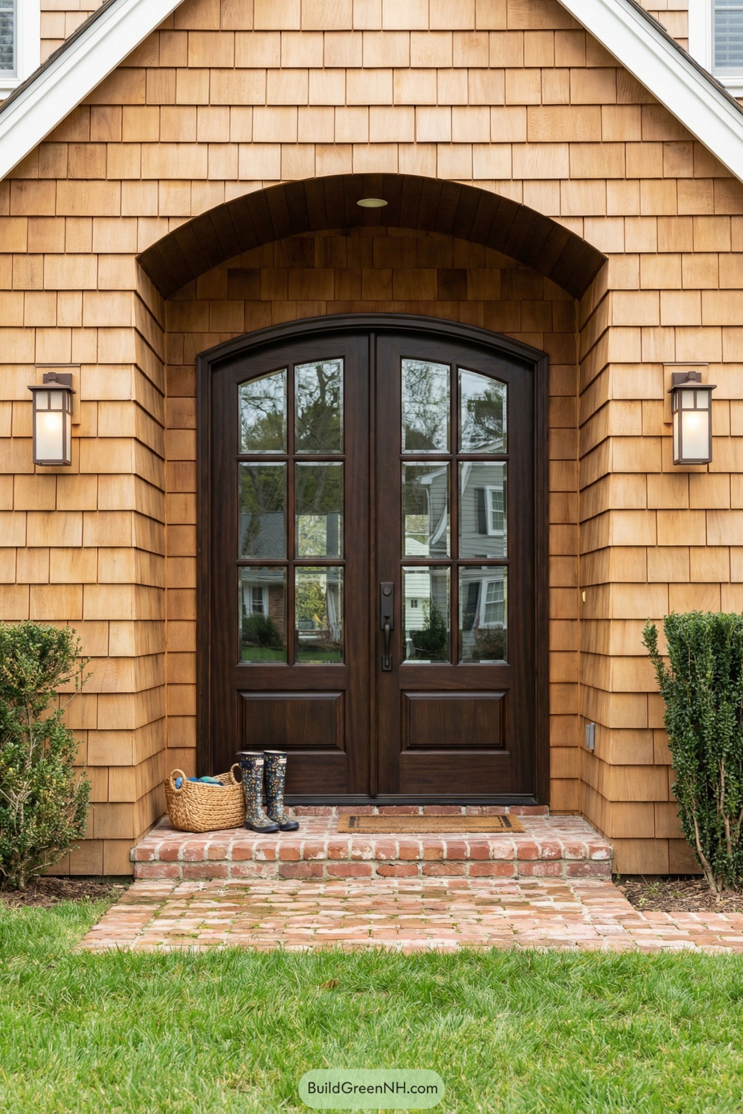 high-res photo of house with Wood Entry Doors, coastal cottage / craftsman-inspired facade with deep recessed entry, exterior clad in warm honey-toned cedar shake shingles laid in staggered rows, arched shingled entry alcove with matching wood-clad soffit, colors in natural browns and soft neutrals, structure appearing as a two-story house though only lower portion visible, building materials primarily cedar shingles, painted wood trim, and brick at the threshold, roof edge not fully visible but suggested continuation of shingled surface above the arch, large double wood entry doors in dark espresso stain with a gentle arched top, each door with tall divided-light glass panels (three vertical panes over three horizontal panes) creating a symmetrical appearance, simple rectangular recessed wood panels at the bottom of each door, slim vertical pull handle on one door, flanked by rectangular bronze wall lanterns with frosted glass shades, entry reached by a small brick stoop in mixed red and weathered tones with slightly irregular joints, a woven basket and patterned rain boots placed casually on the stoop, low green lawn in the foreground with neatly cut grass, trimmed shrub mass on one side of the entry, soft reflections in the glass showing neighboring suburban houses, trees, and a quiet residential street under bright but diffused daylight, overall scene calm, tidy, and picture-worthy. real-life photo, high-resolution, architectural photography, soft lighting, cinematic composition.