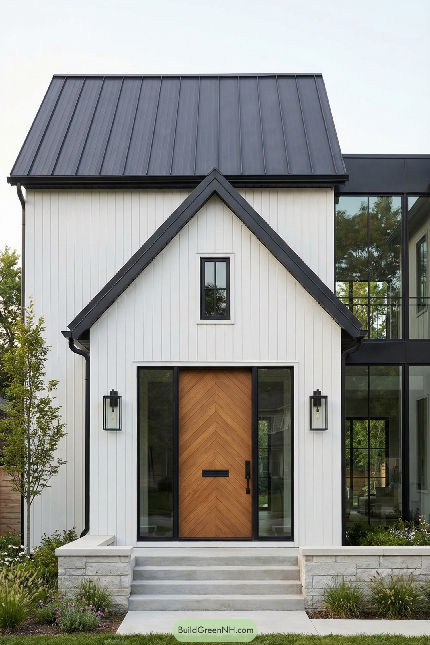 Modern white house with chevron wood door