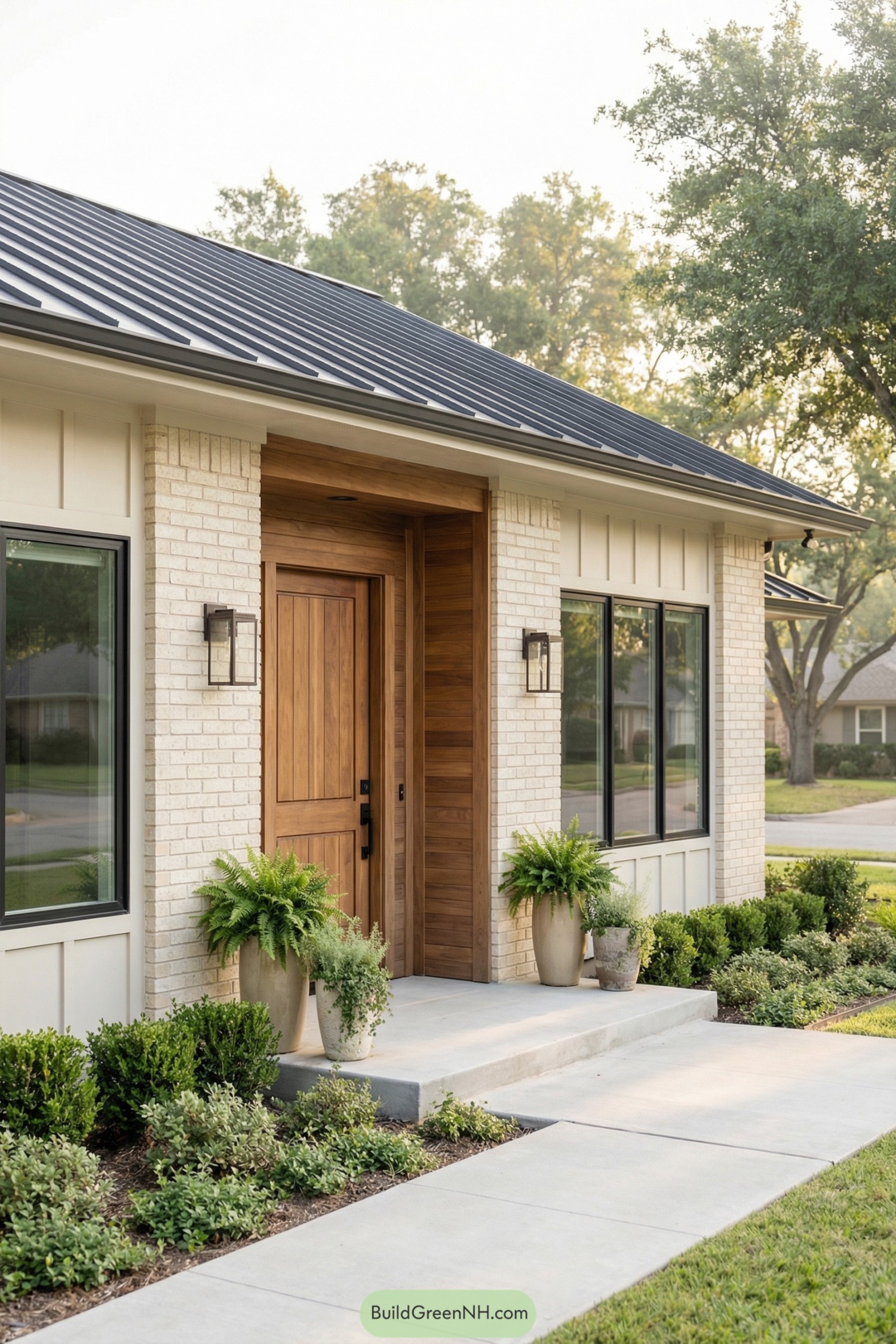 Modern house entry with light brick, large wood door, black windows, and potted greenery