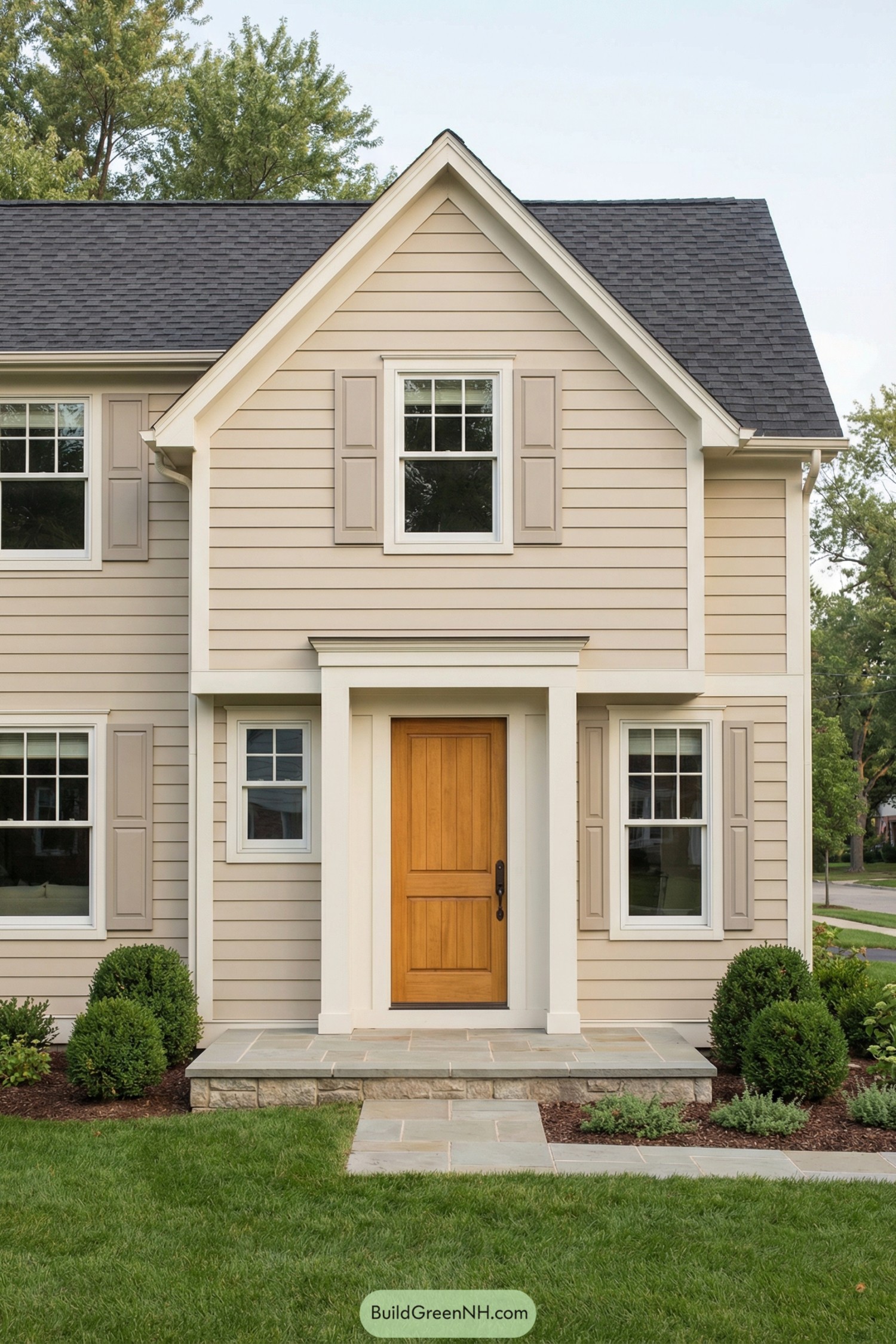 Beige two-story house with a warm wood front door framed by white trim and simple landscaping
