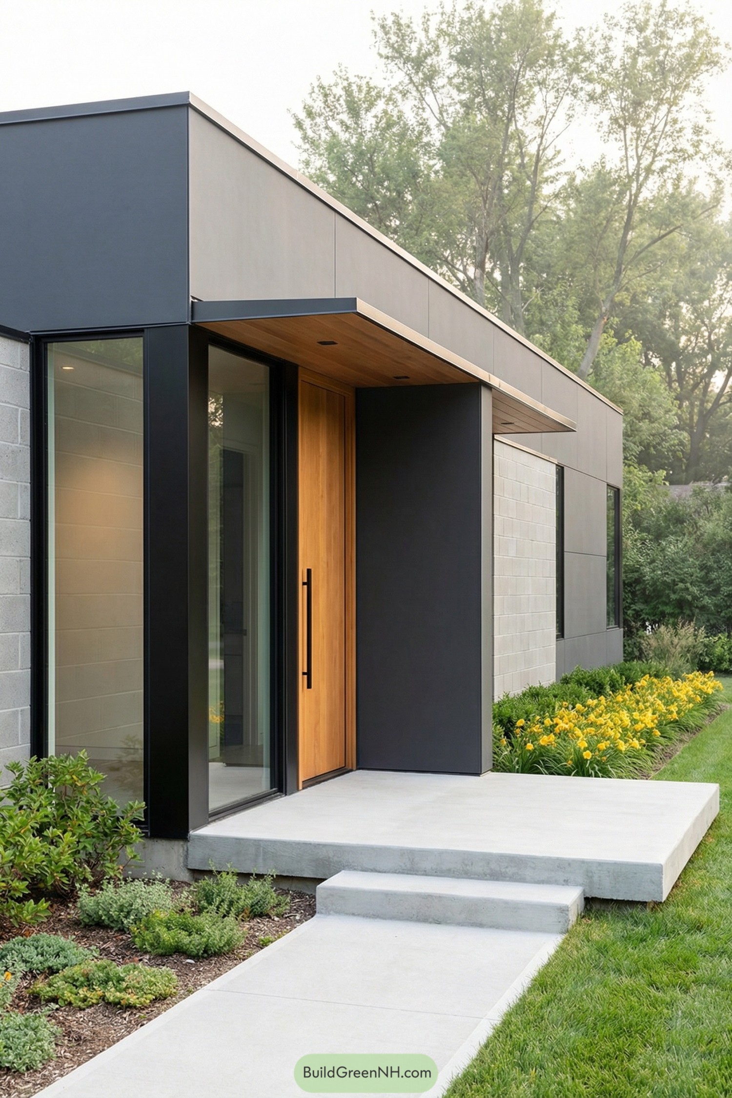 Modern home entry with tall wood door framed by black panels and glass sidelight