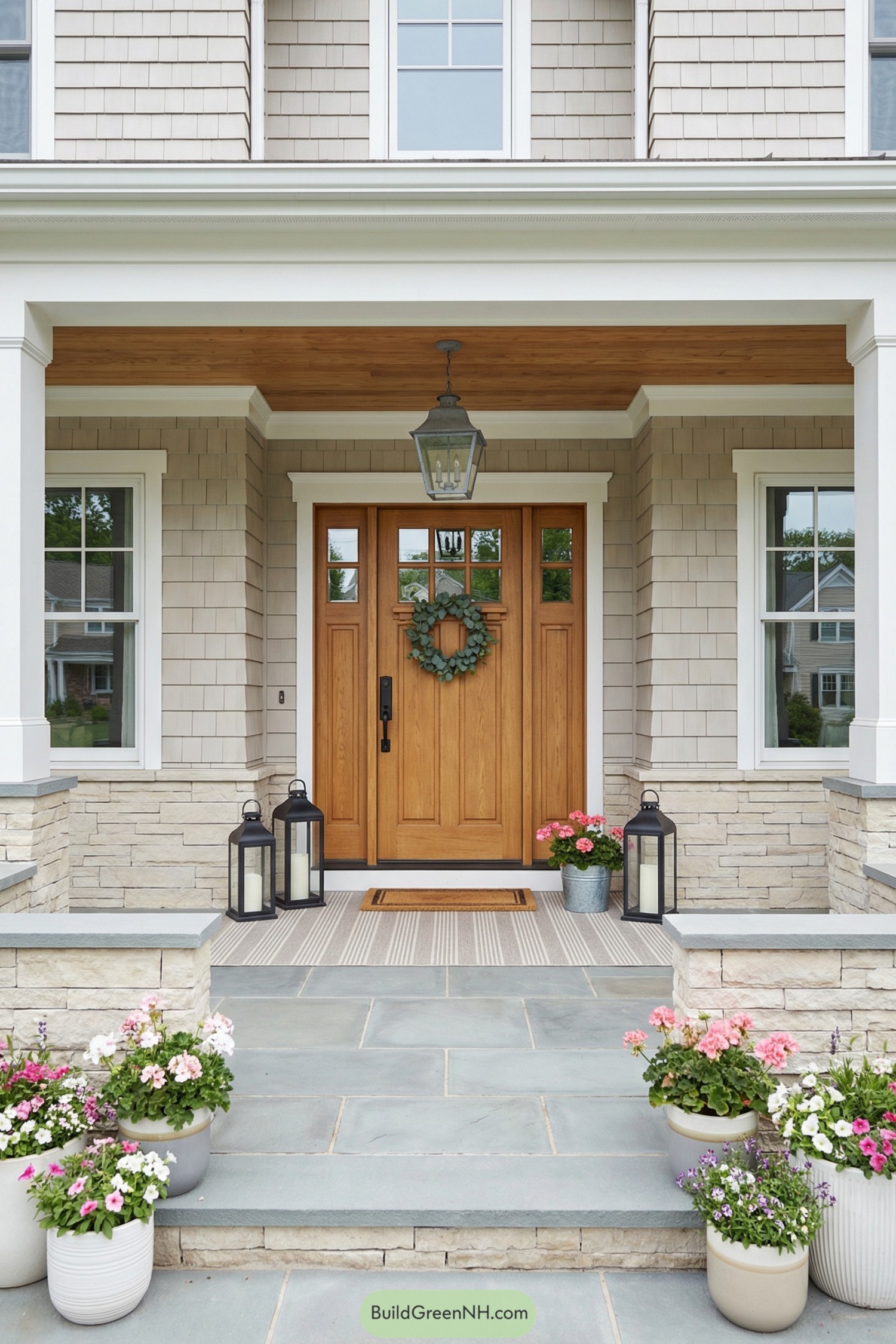 Wooden front door on stone porch with plants