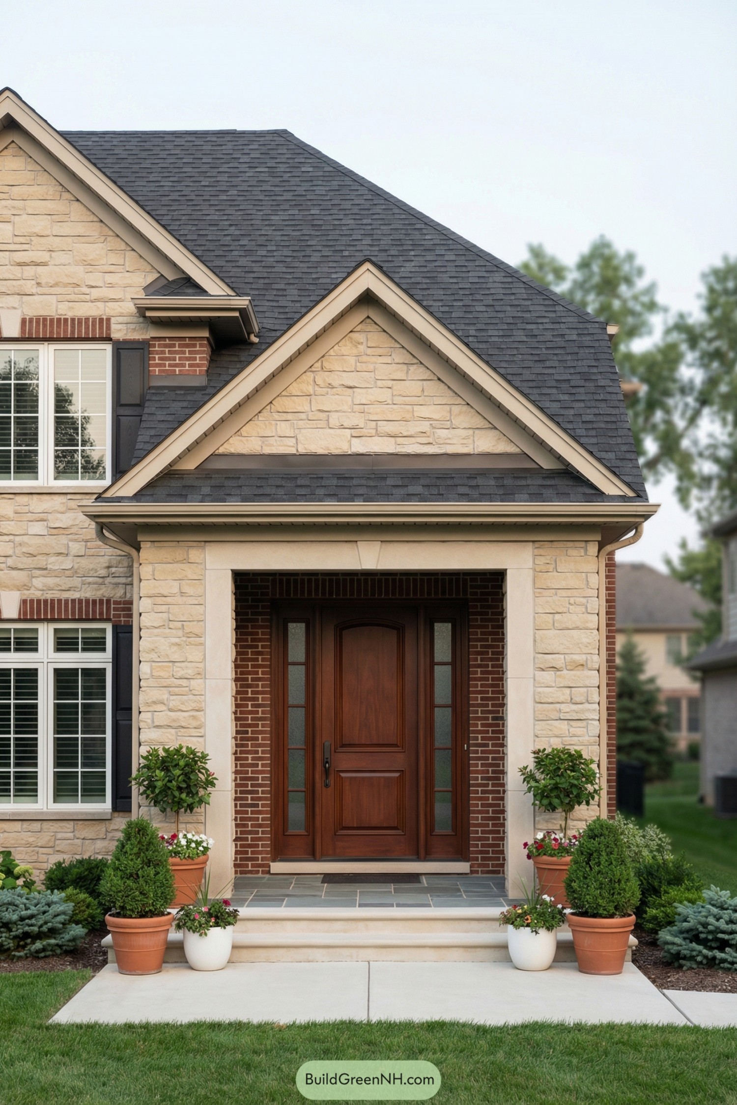 Front entry with stone portico and rich wooden door framed by potted plants