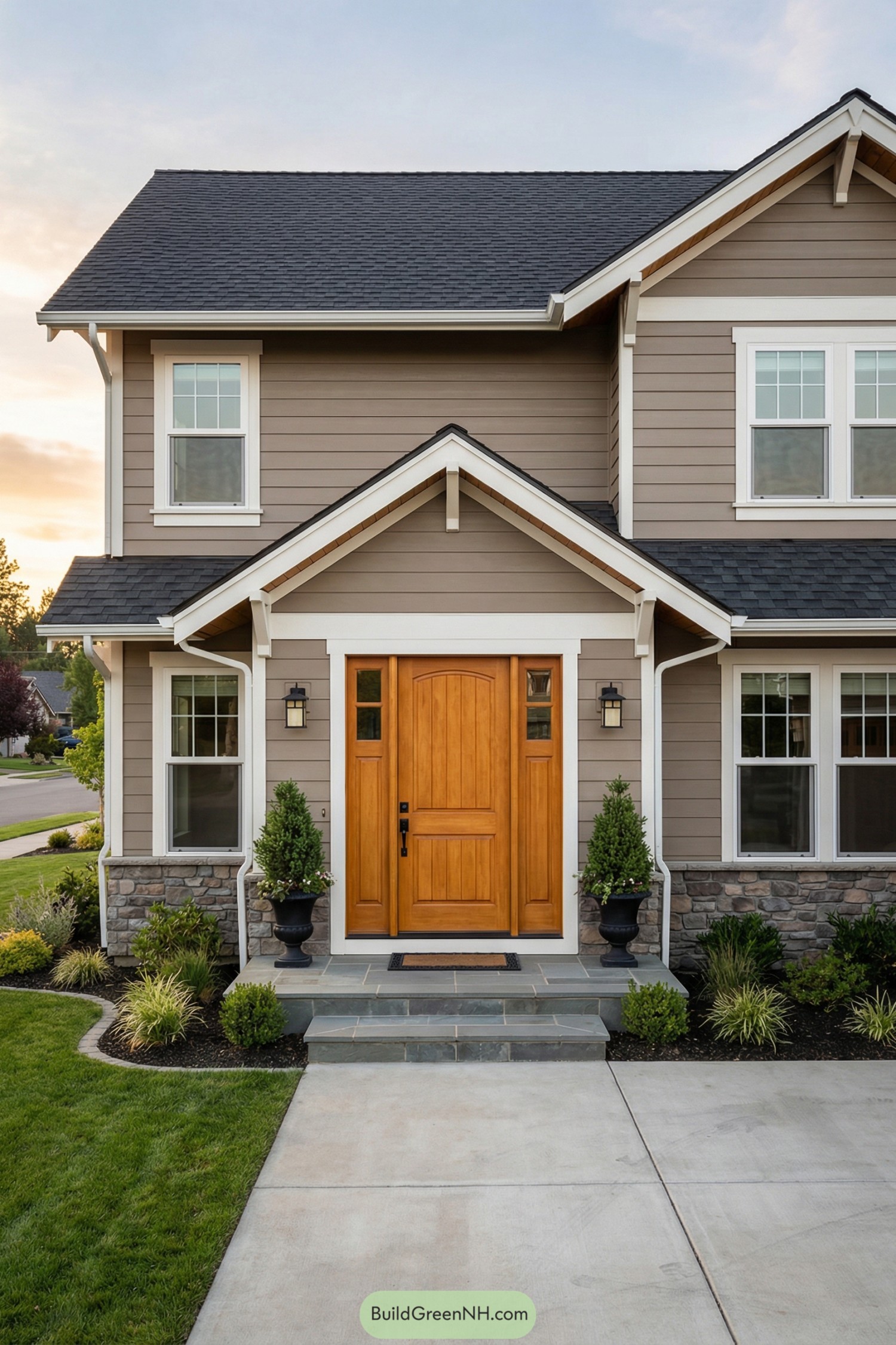 Warm wooden front door on taupe house with small gabled porch and potted evergreens