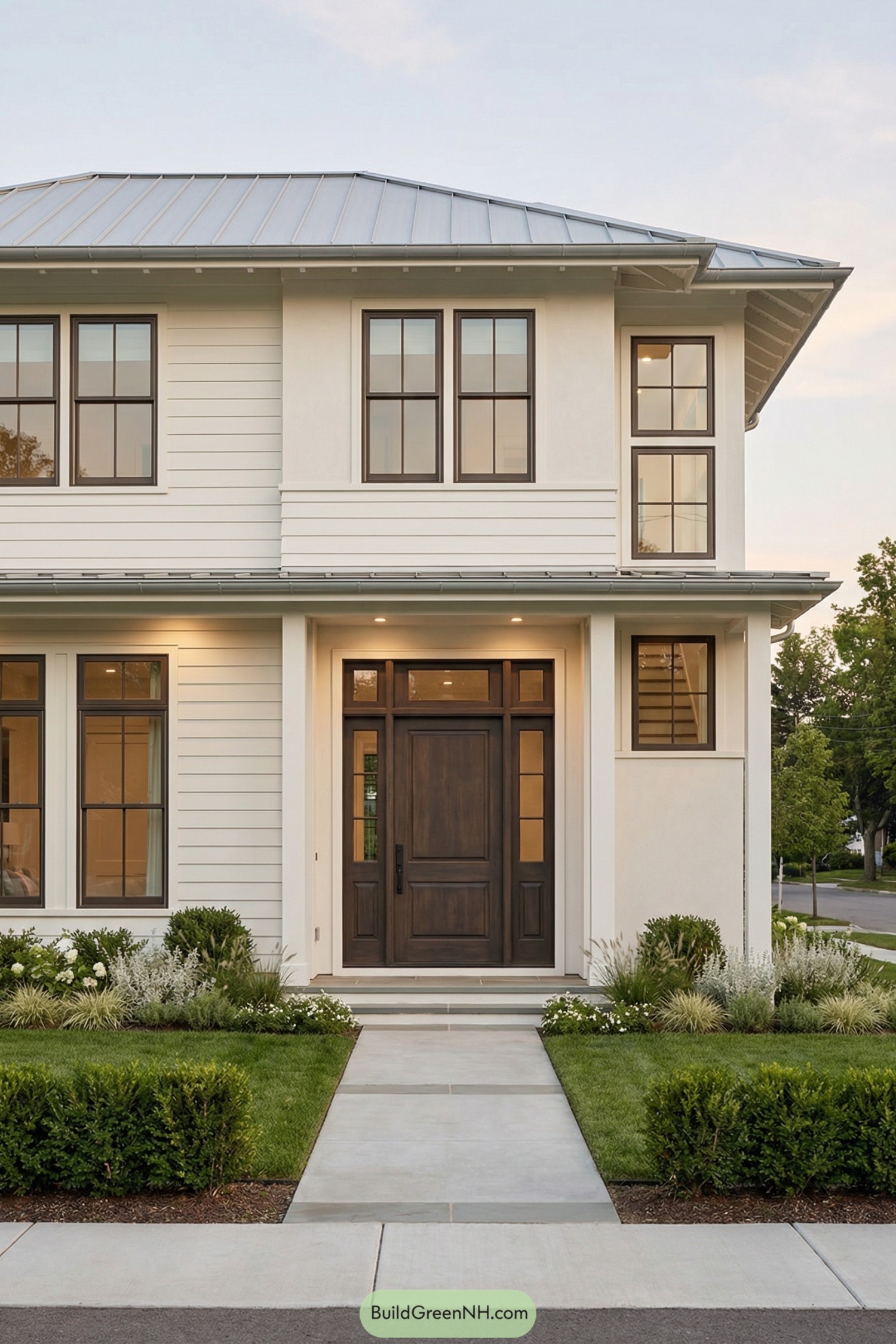 Contemporary white two story home with dark wooden front door and neat landscaping