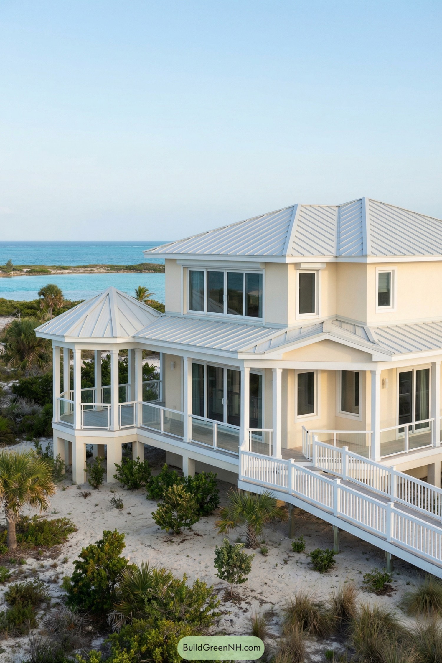 Pale coastal house on stilts by ocean