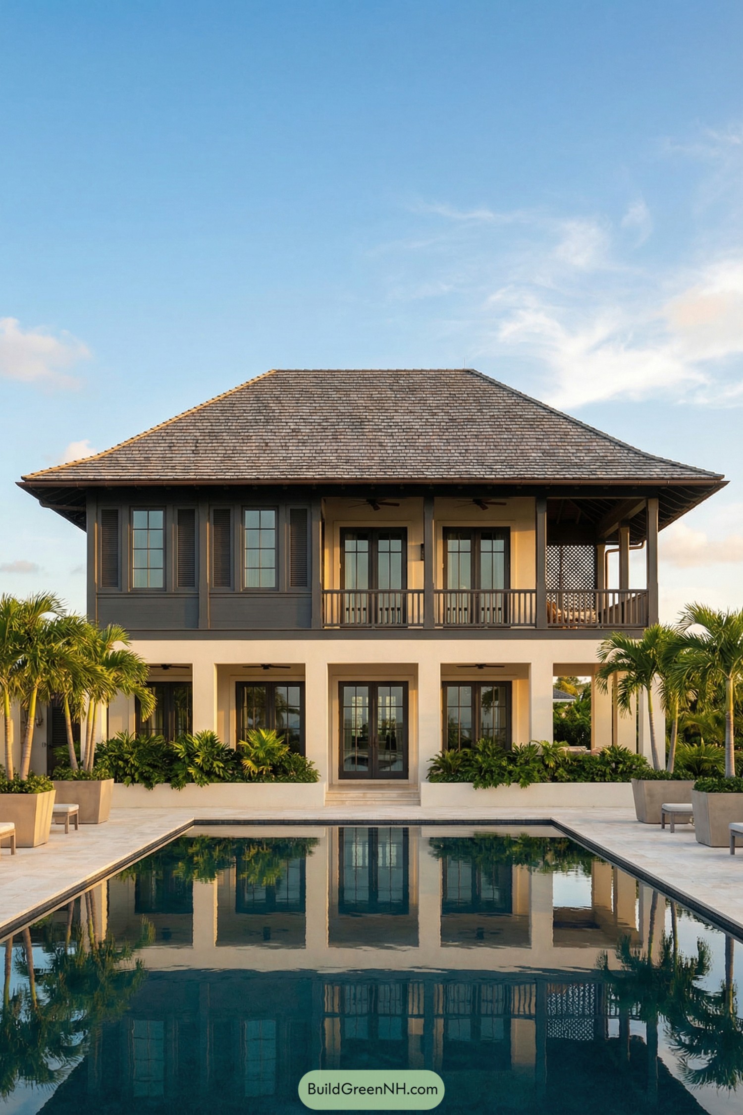 Two-story island villa facing a reflecting pool
