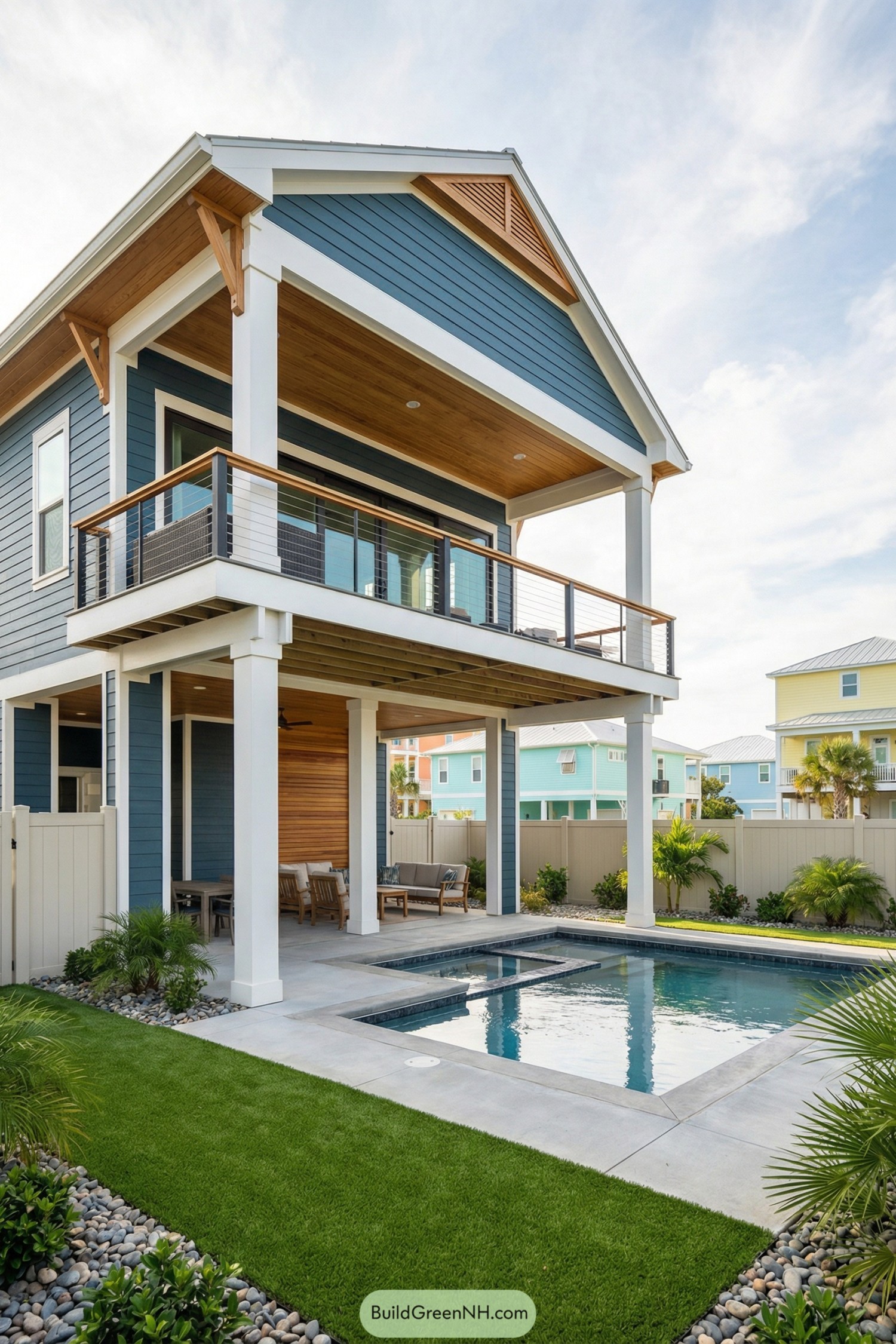 Two-story coastal house with upper balcony overlooking a backyard pool and patio