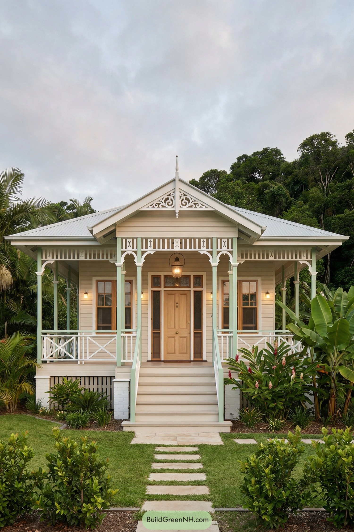 Small tropical cottage with ornate front porch and lush garden
