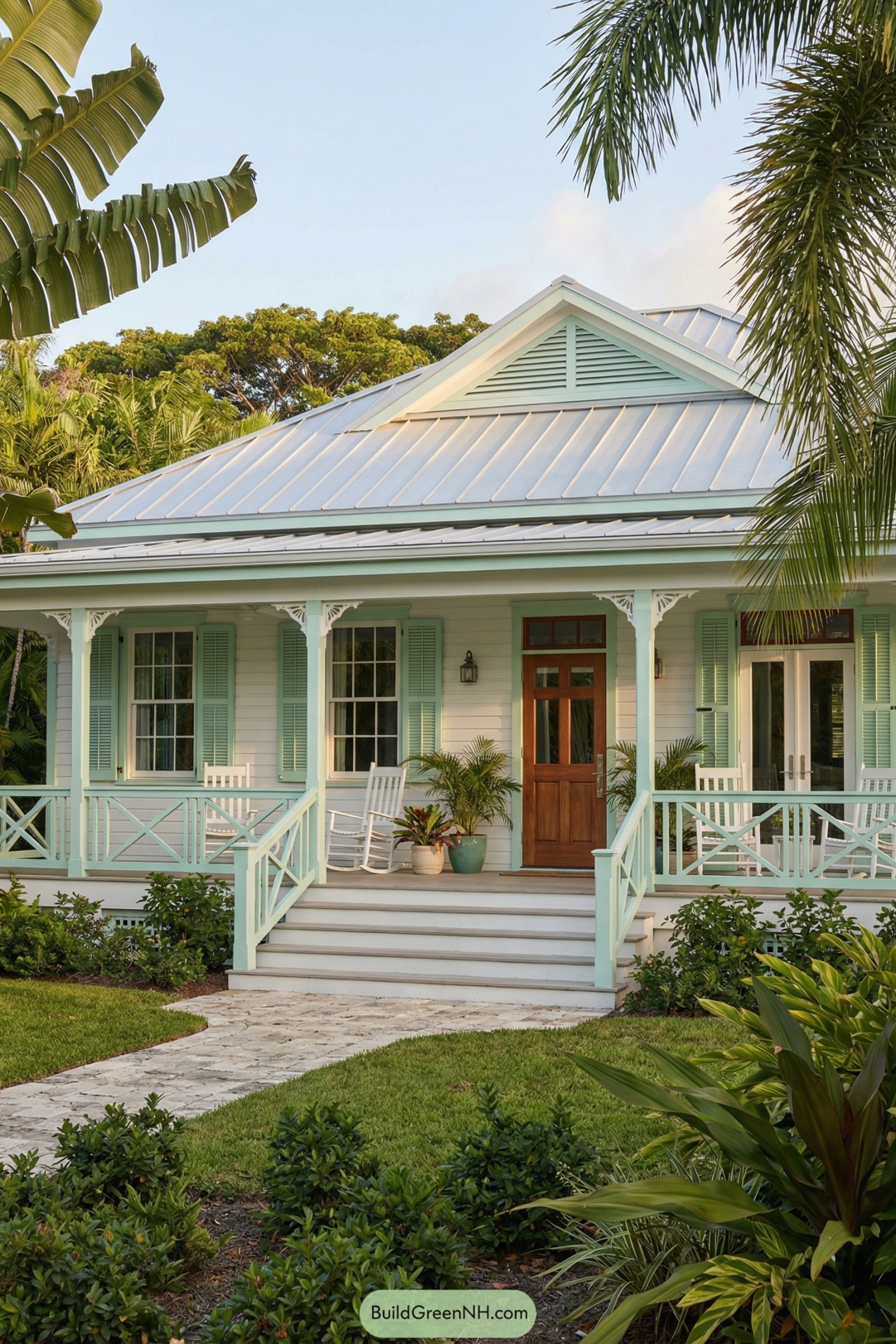 Pastel coastal cottage with wide front porch