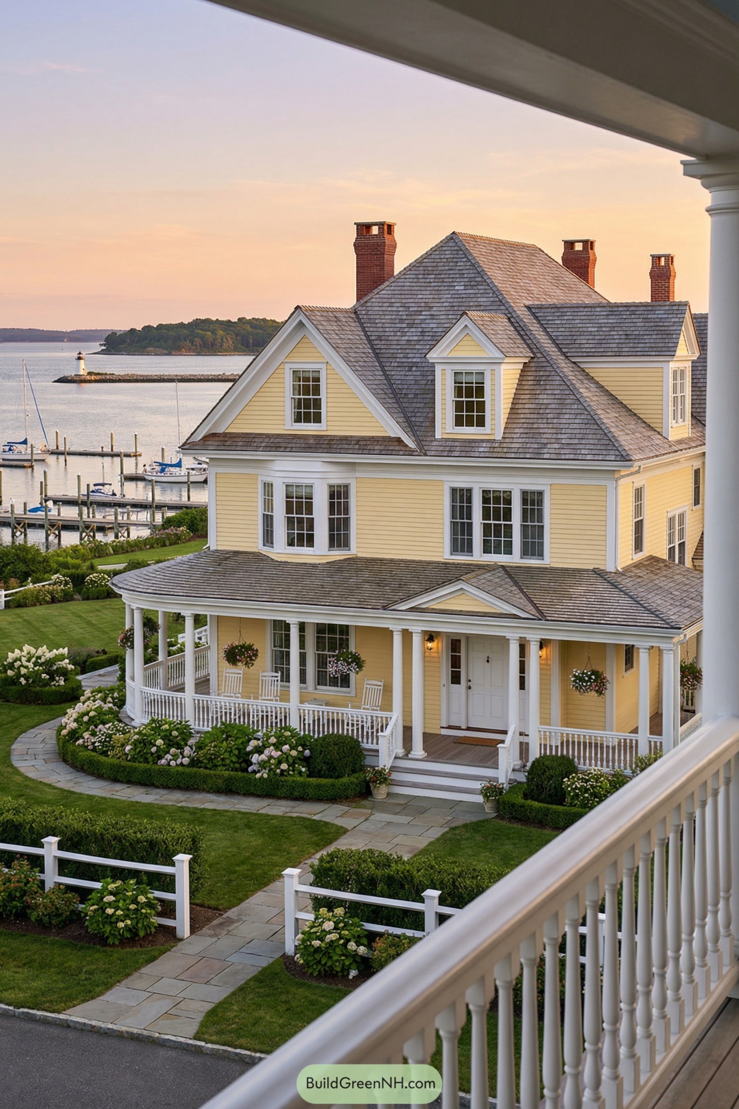 Yellow coastal house with wraparound porch by marina