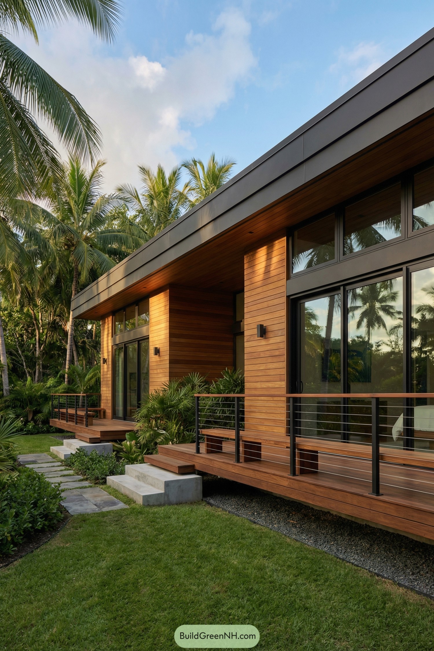 Modern wood-clad tropical house with wraparound deck