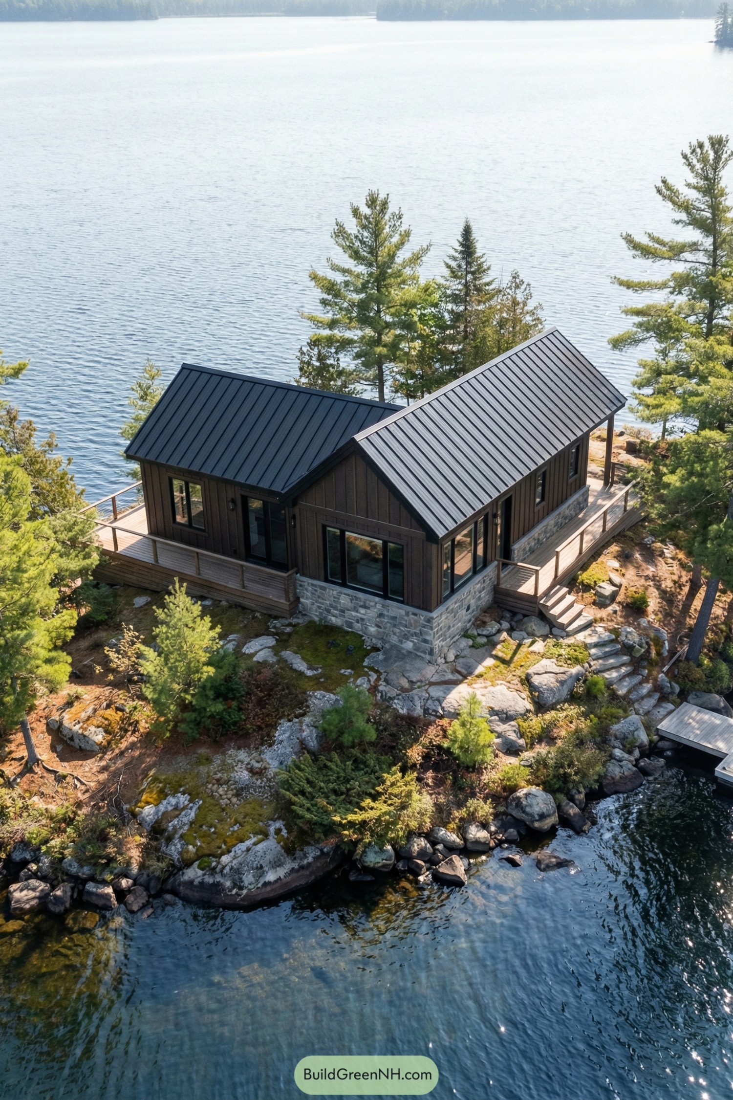 Modern dark-roof cabin perched on rocky lakeside point