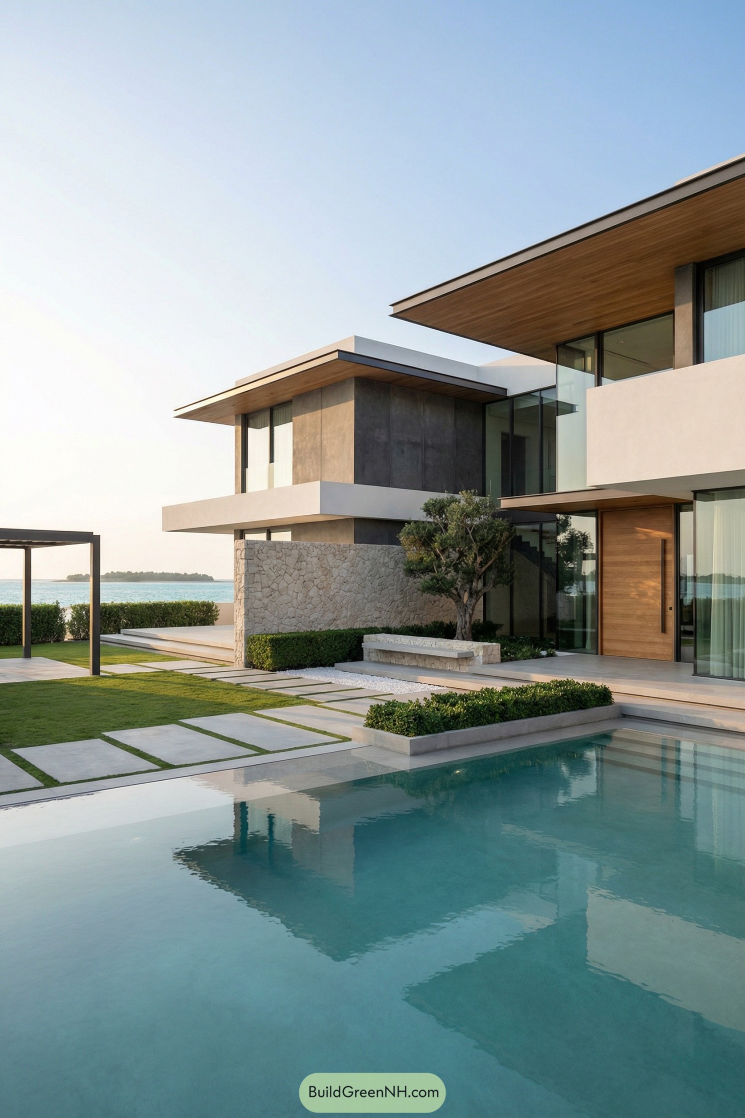 Modern waterfront villa with pool and terraces