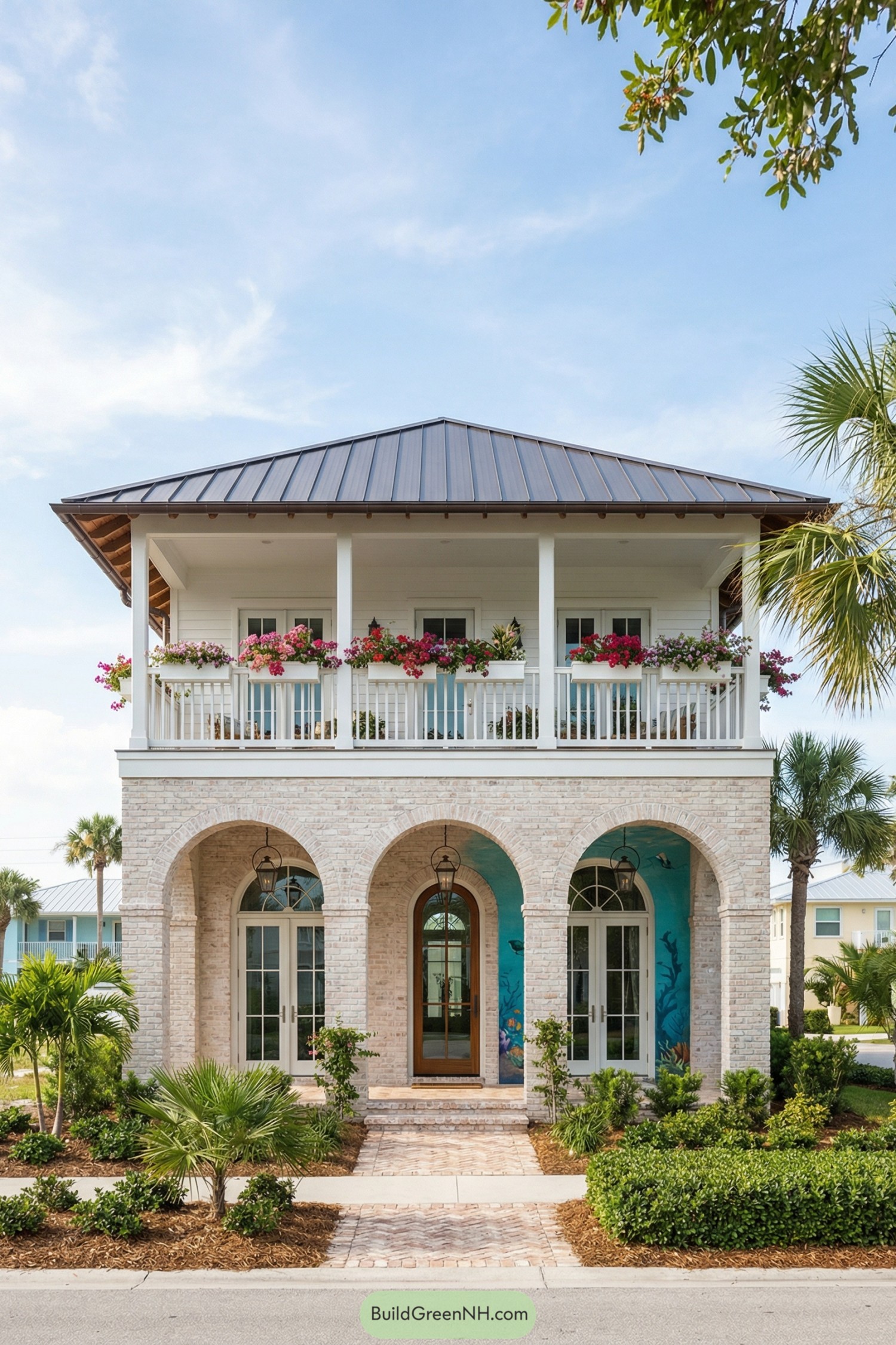 Two-story coastal house with arched brick porch and flower-lined balcony