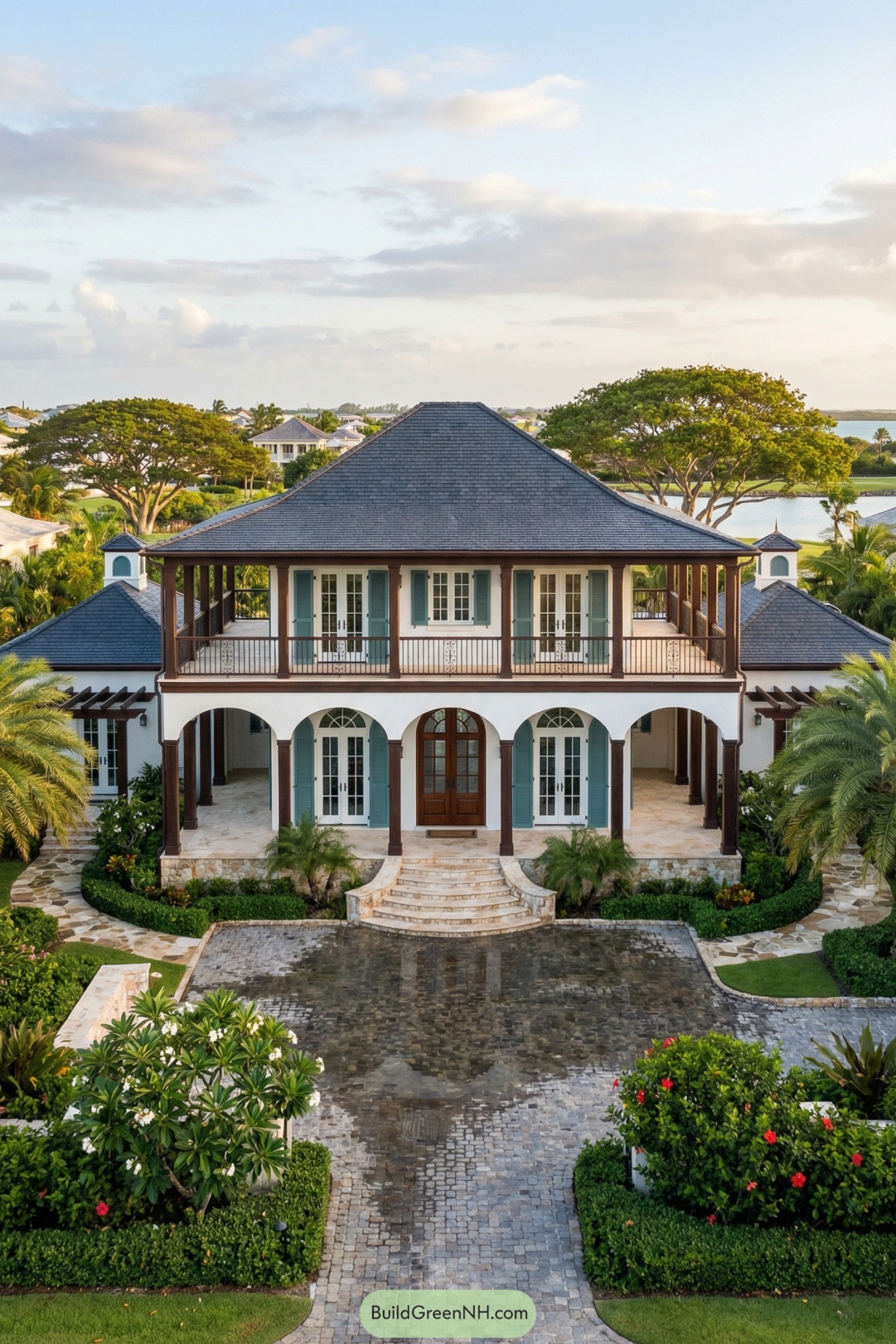 Two-story island villa with tall arches and wraparound upper veranda