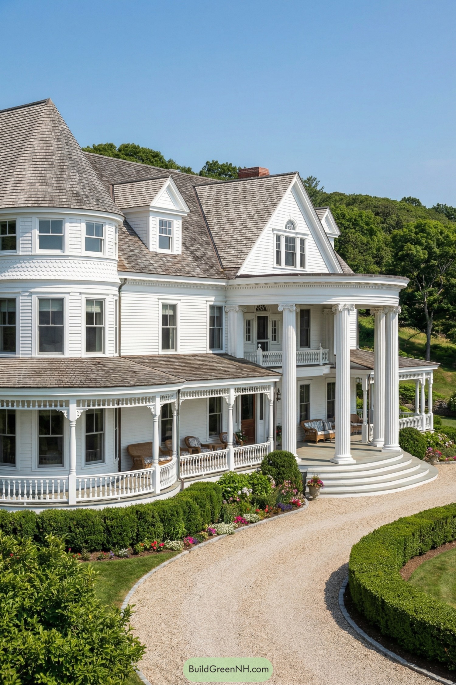 Large white coastal mansion with wraparound porch