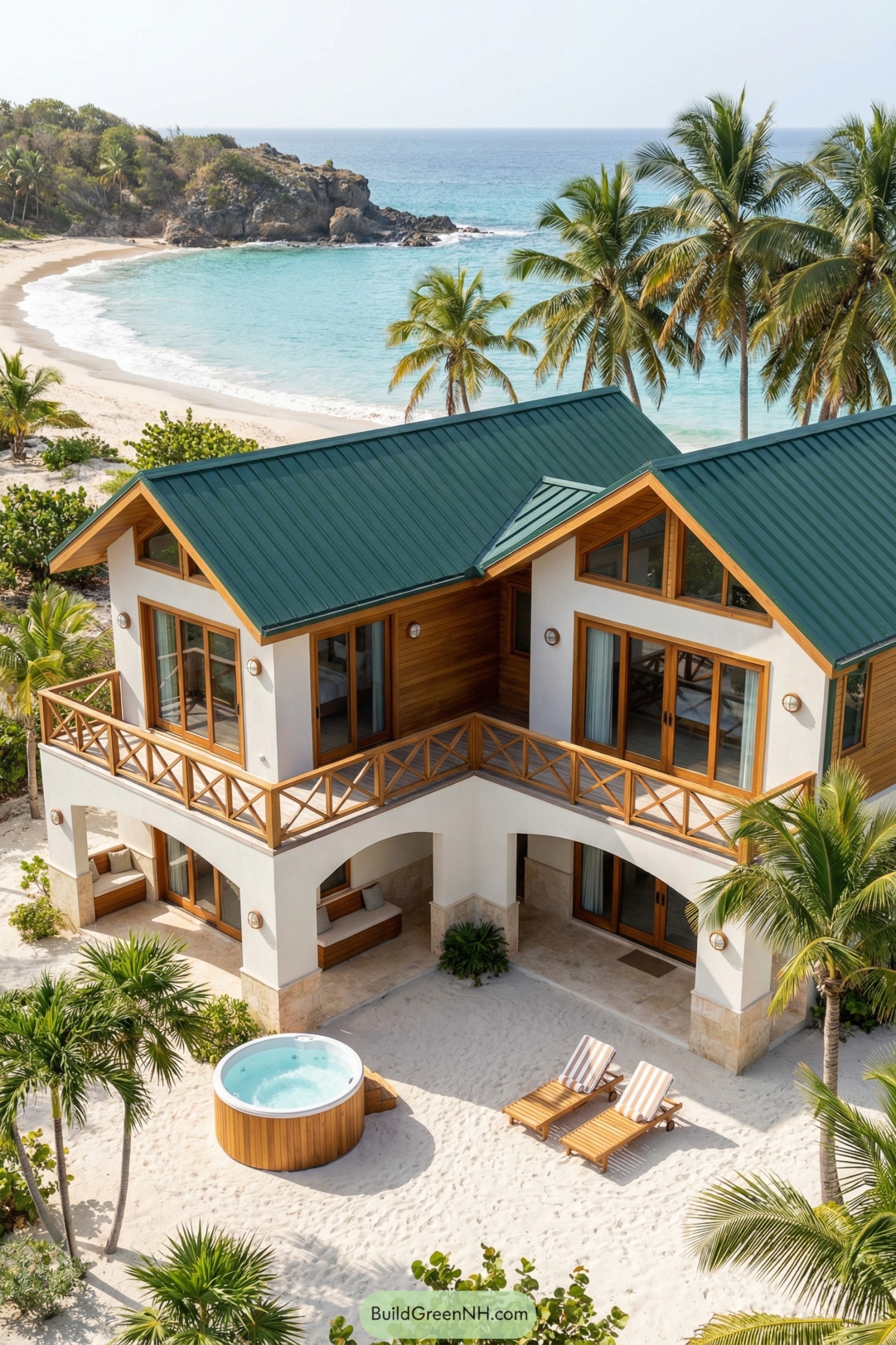 Two-story modern beach house with green metal roof, broad balconies, and a sandy courtyard featuring a wood hot tub and loungers beside turquoise water